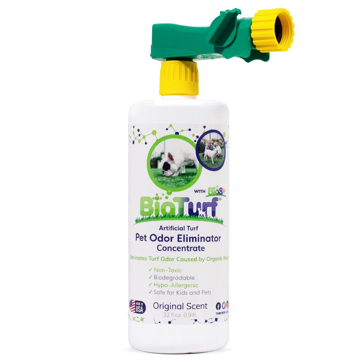 BioTurf BioS+ concentré dans sa bouteille 32oz prêt à diluer pour éliminer les odeurs.