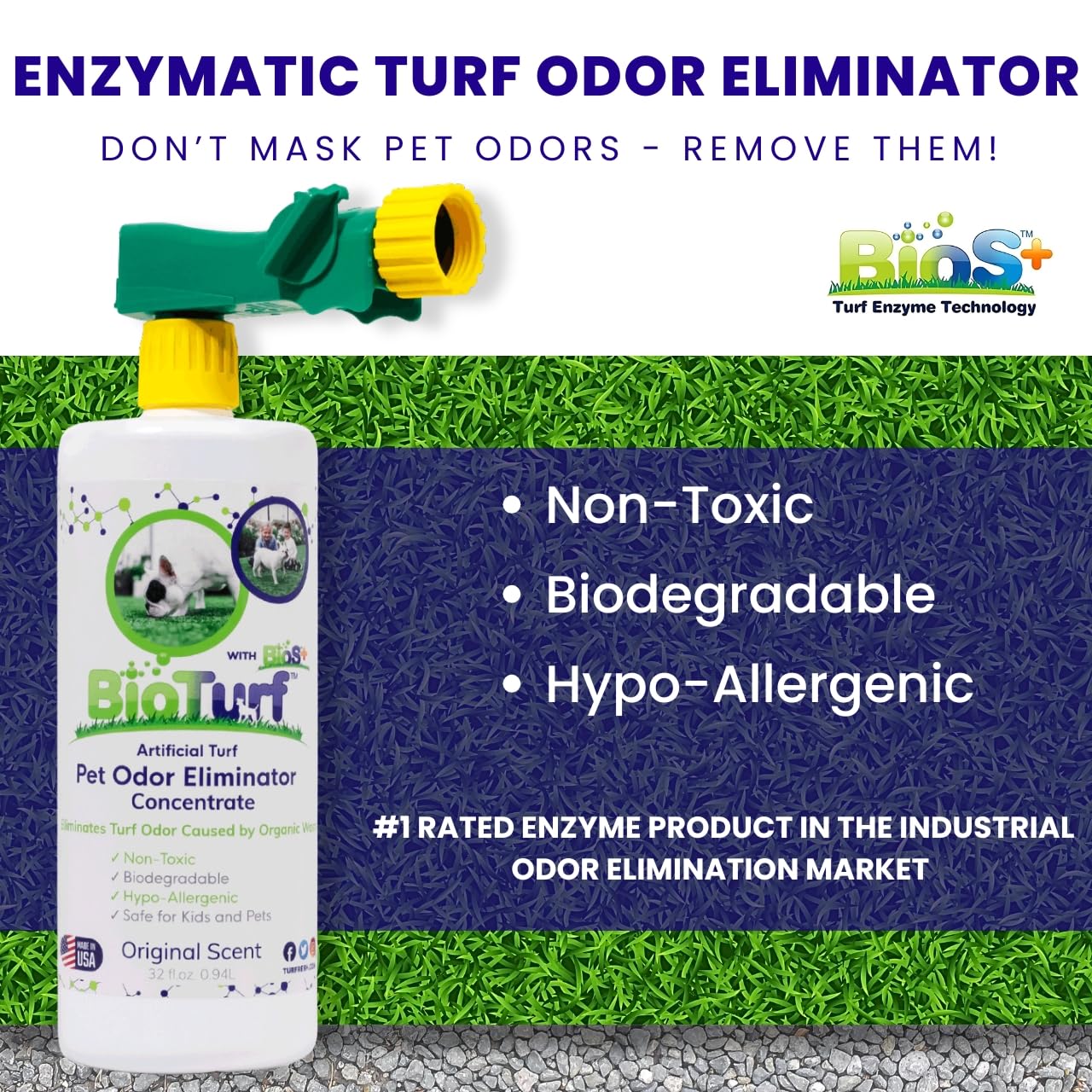 BioTurf BioS+ enzymes en action ciblant les odeurs d’urine et de déjections.