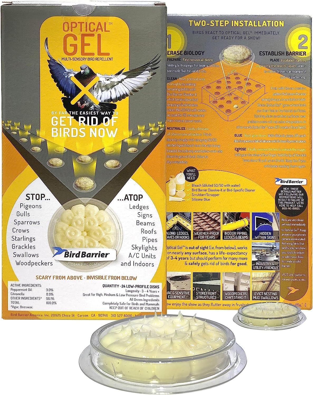 Bird Barrier Gel Optique 24-paquets emballage prêt à l'emploi pour dissuasion discrète.
