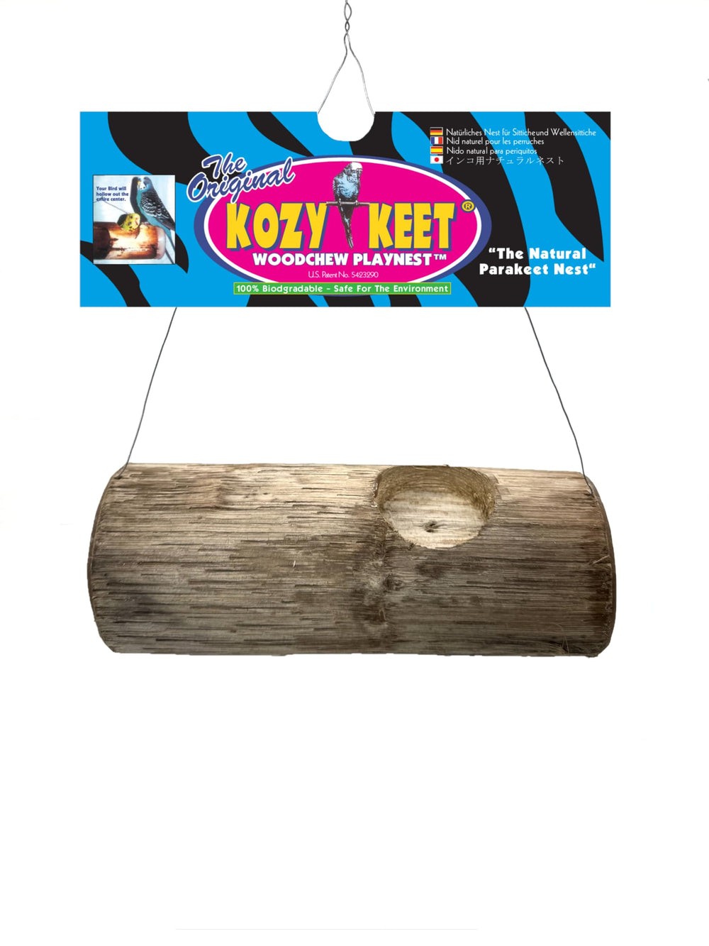 Nid en bois Woodchew Playnest Wesco Pet Kozy Keet, favorisant le rongement naturel et l’activité du perroquet.