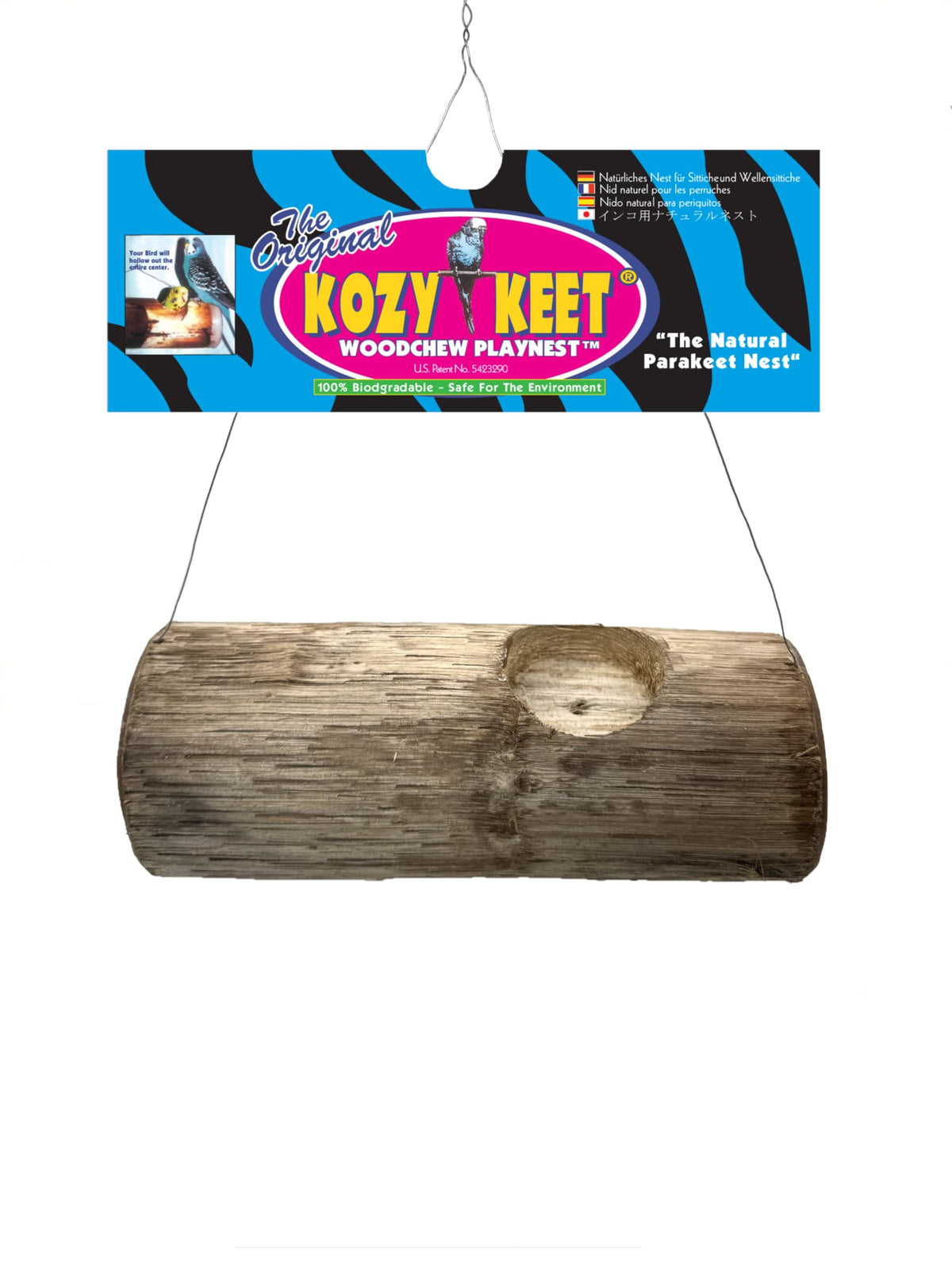 Nid en bois Woodchew Playnest Wesco Pet Kozy Keet, favorisant le rongement naturel et l’activité du perroquet.
