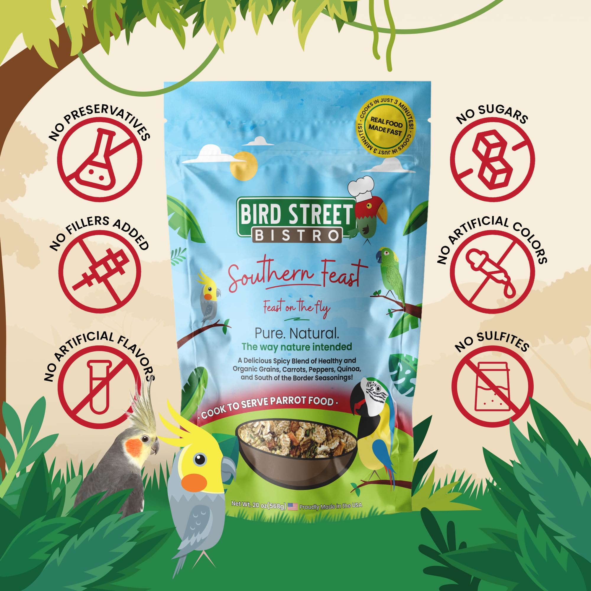 Bird Street Bistro Grains naturels et fruits-légumes pour une alimentation équilibrée.