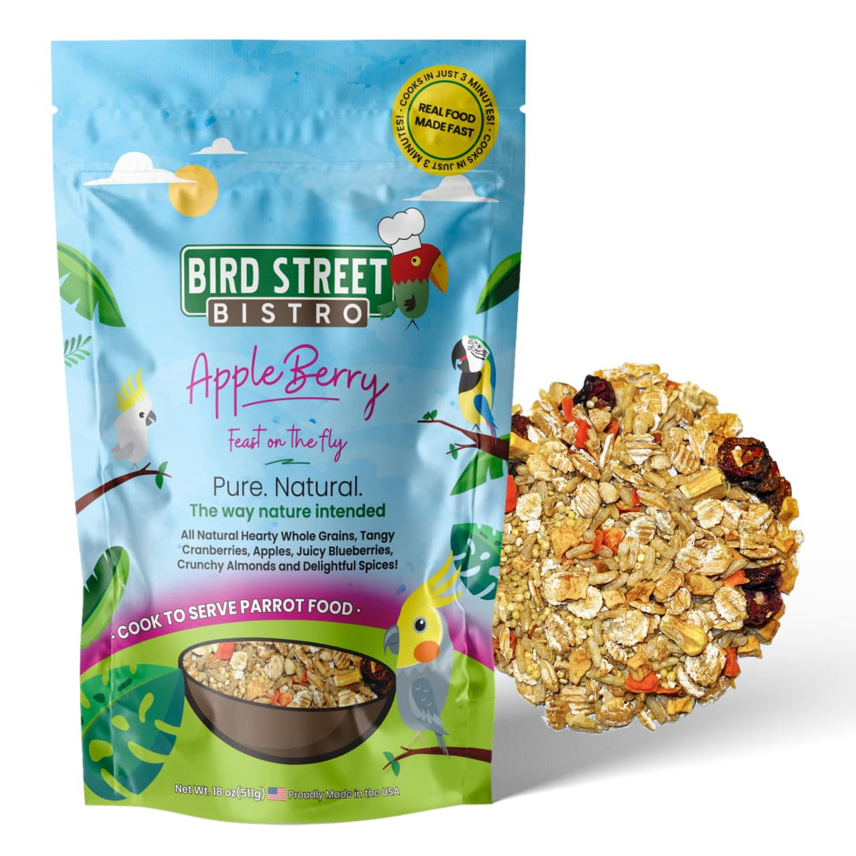 Nourriture Bird Street Bistro avec ingrédients naturels pour perruches, plumes brillantes.