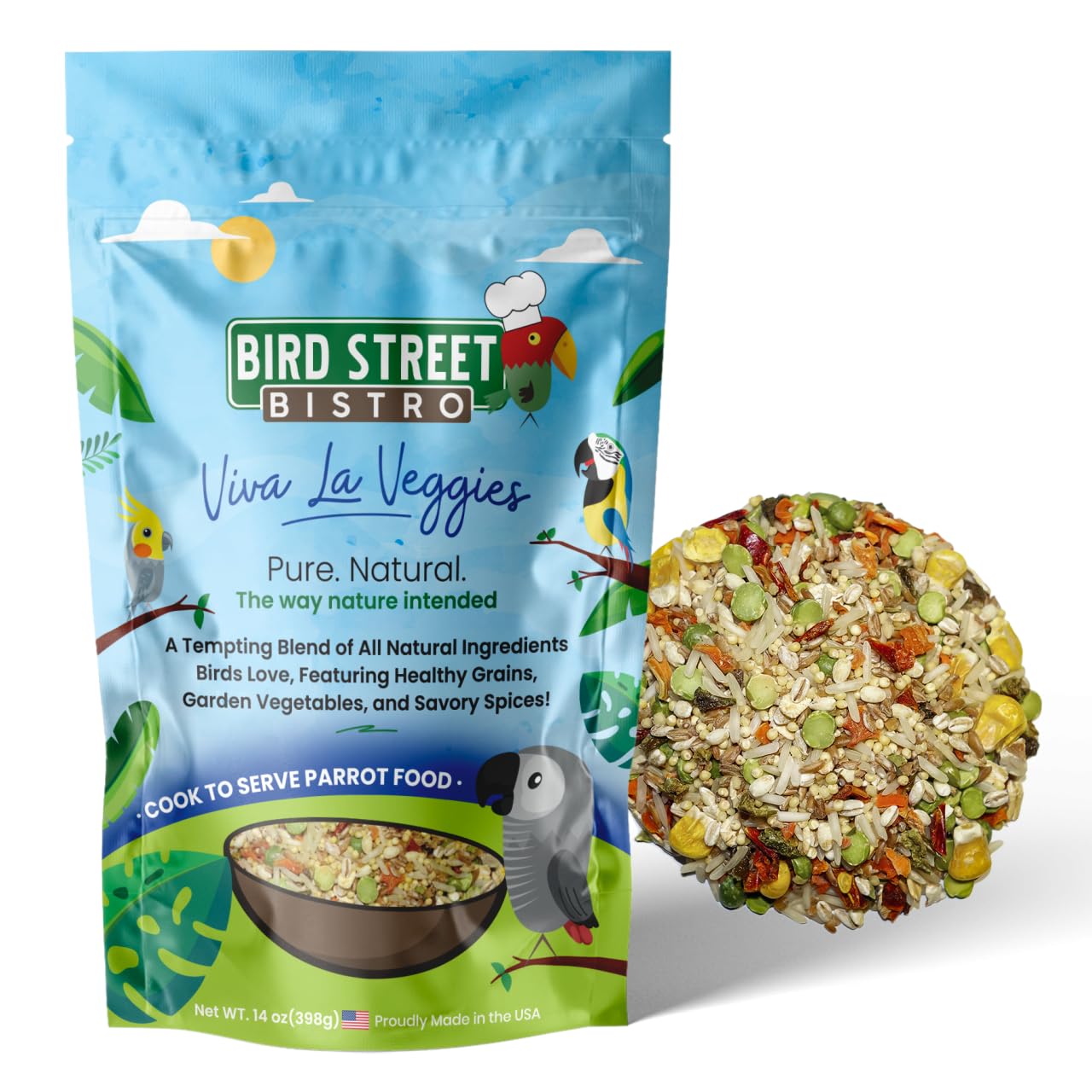 Vue dos du pack Bird Street Bistro montrant les saveurs variées pour perroquets.