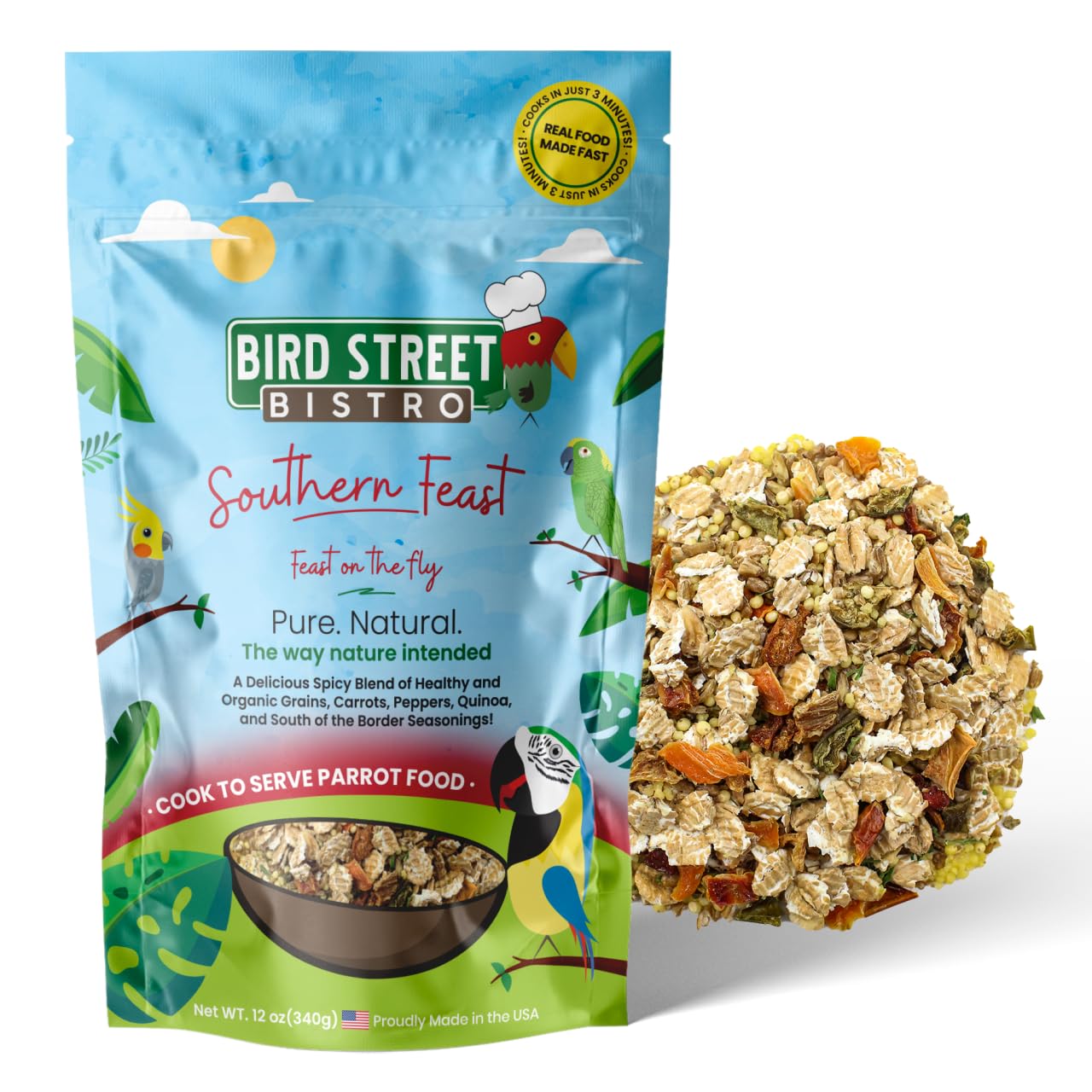 Ingrédients naturels et textures variées dans le pack Bird Street Bistro pour perroquets.