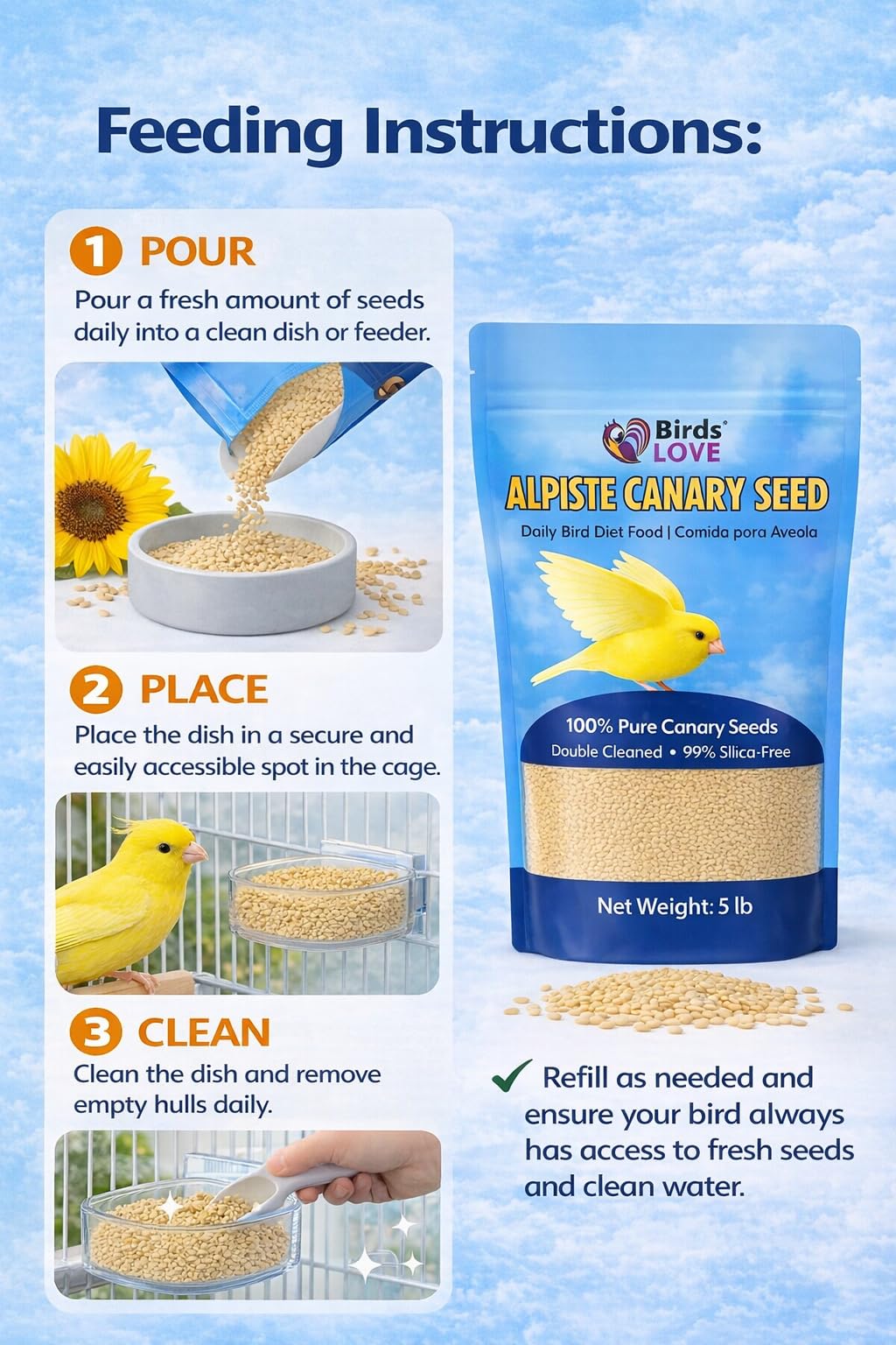 Birds LOVE Alpiste Canari graines pures, sans additifs pour une alimentation simple.