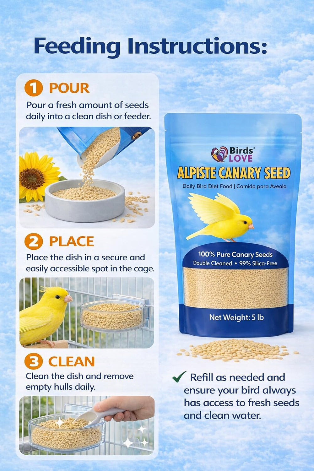 Birds LOVE Alpiste Canari graines pures, sans additifs pour une alimentation simple.