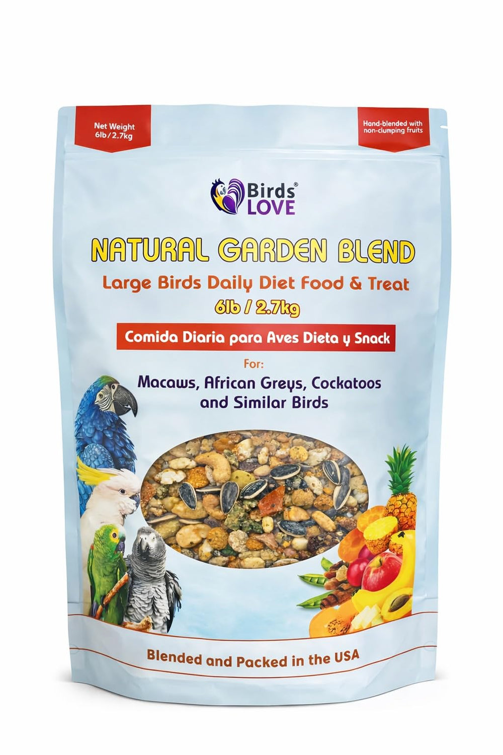 Birds LOVE Mélange Jardin Tout Naturel: sac d'alimentation pour perroquets, facilement réutilisable.