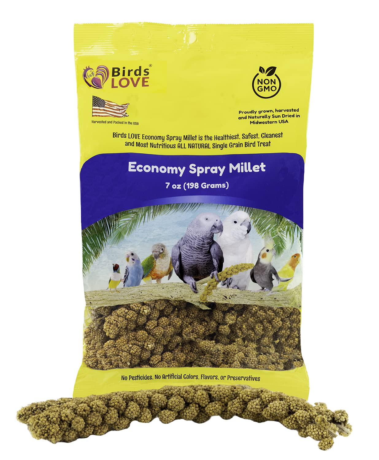 Birds LOVE millet en pulvérisation sans tiges, dégustation 100% comestible.