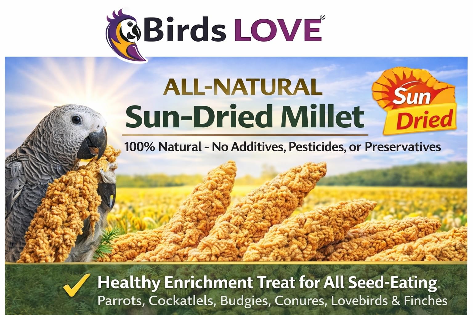 Birds LOVE Millet: scène avec un oiseau savourant les brins.