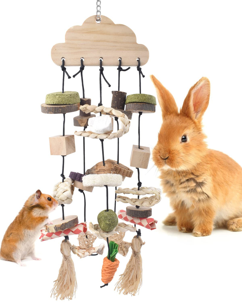 Jouet mâcher Bissap suspendu en bois pour lapin, stimule l'activité et l'usure des dents.