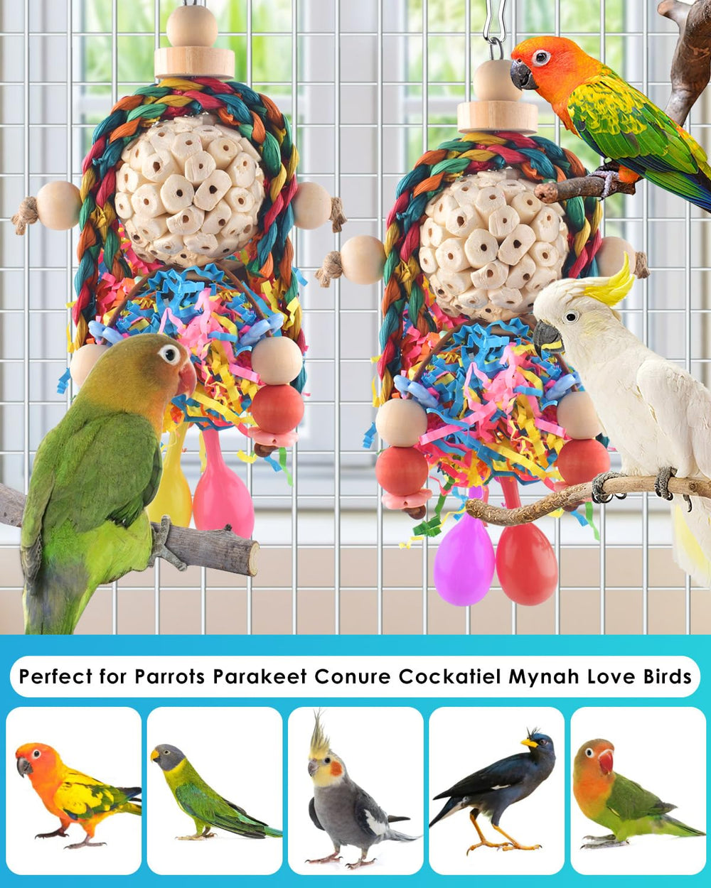 Jouet Bissap Conure design coloré attirant rapidement l’attention de l’oiseau.
