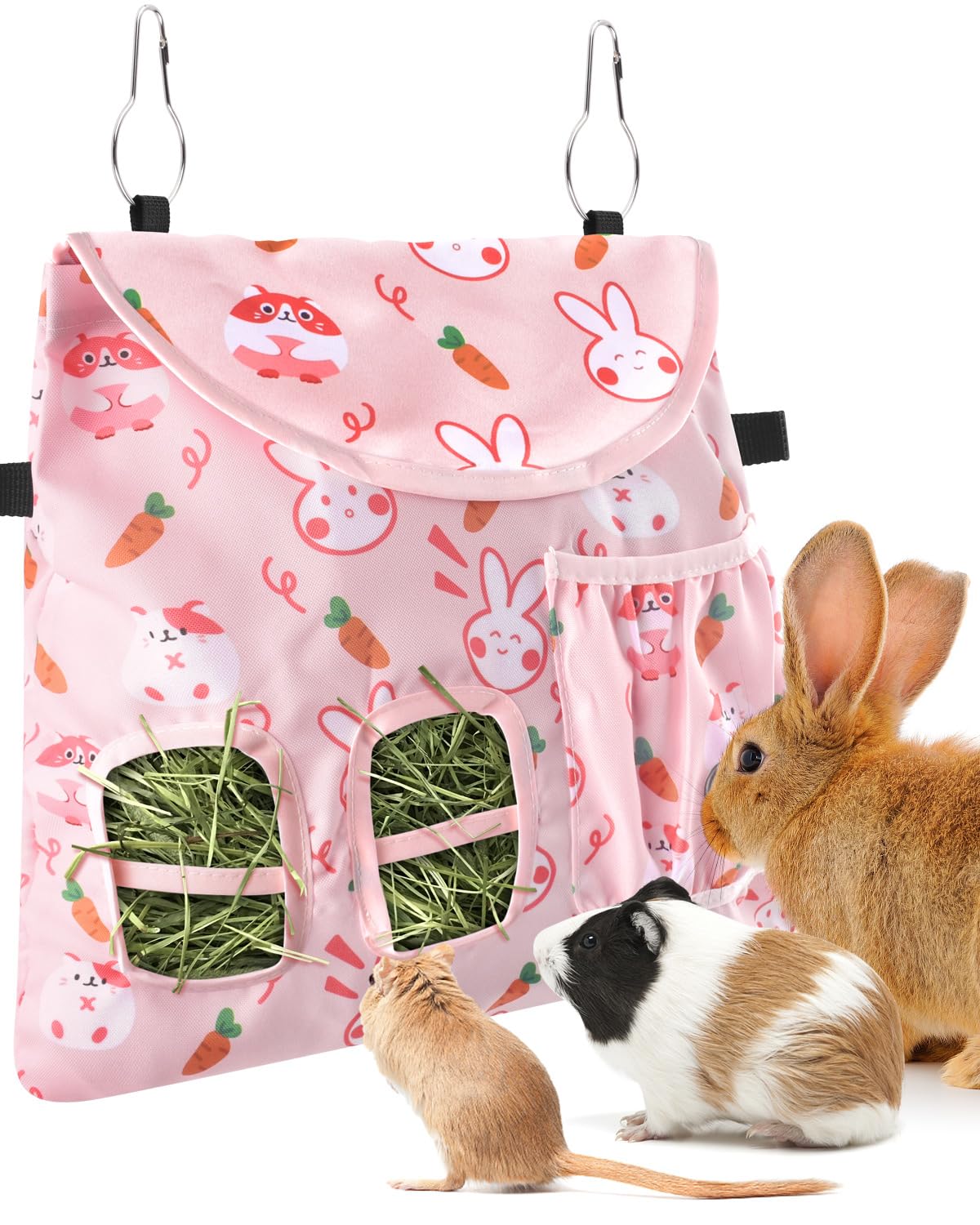 Bissap sac foin pour lapin, deux orifices, rose, pratique.