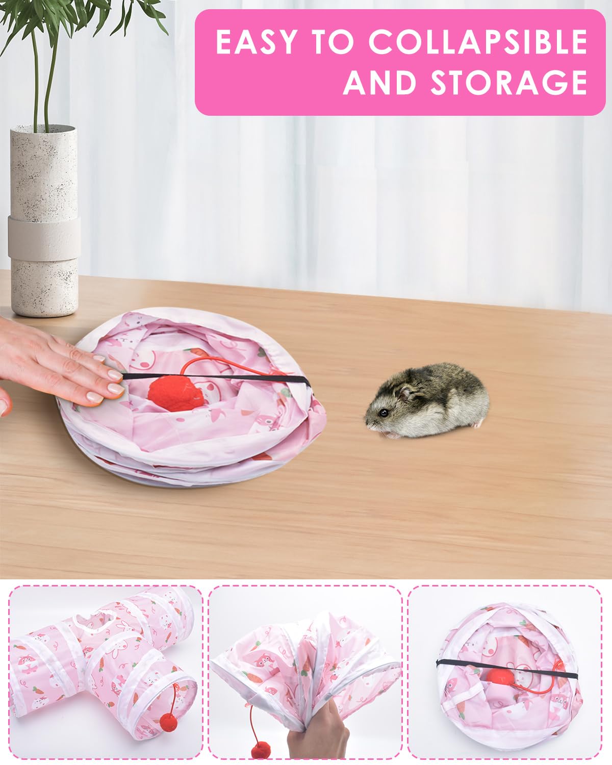 Tube 3-en-1 Bissap pour petit animal rose, exploration facile.