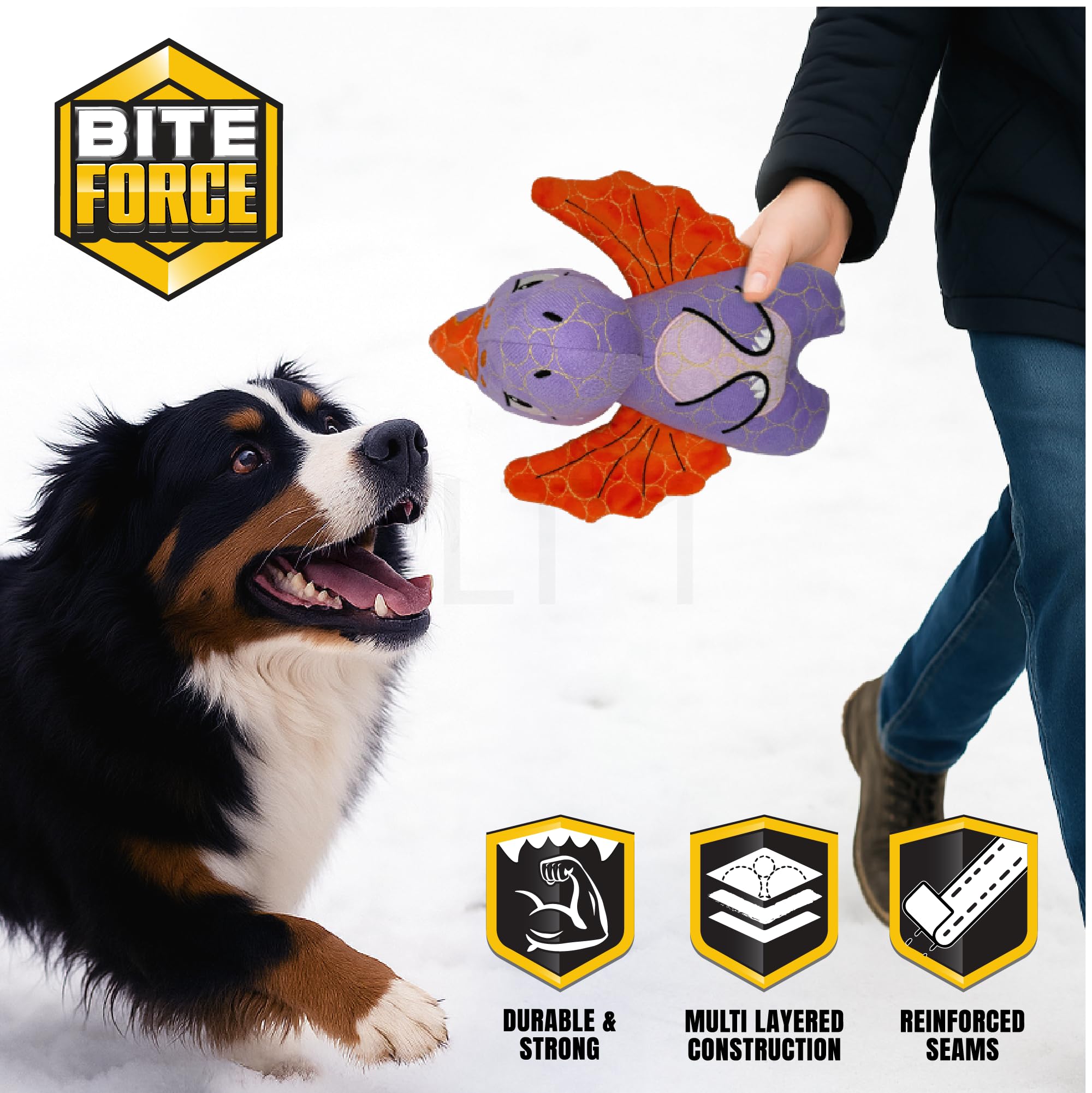 Dino Bite Force en peluche grand format pour chiens forts.