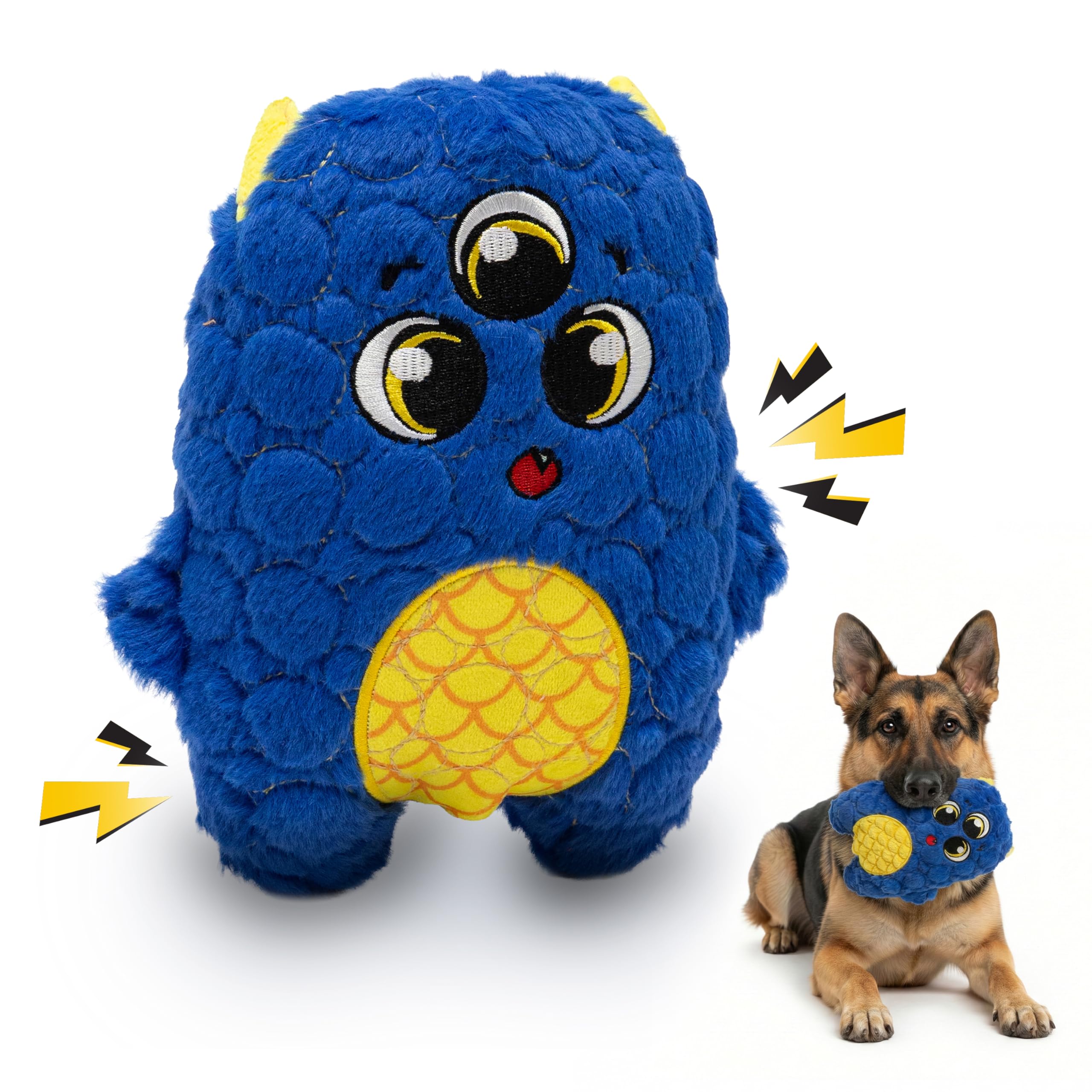 Bite Force: jouet chien bleu monstre siffant pour stimulation du jeu.