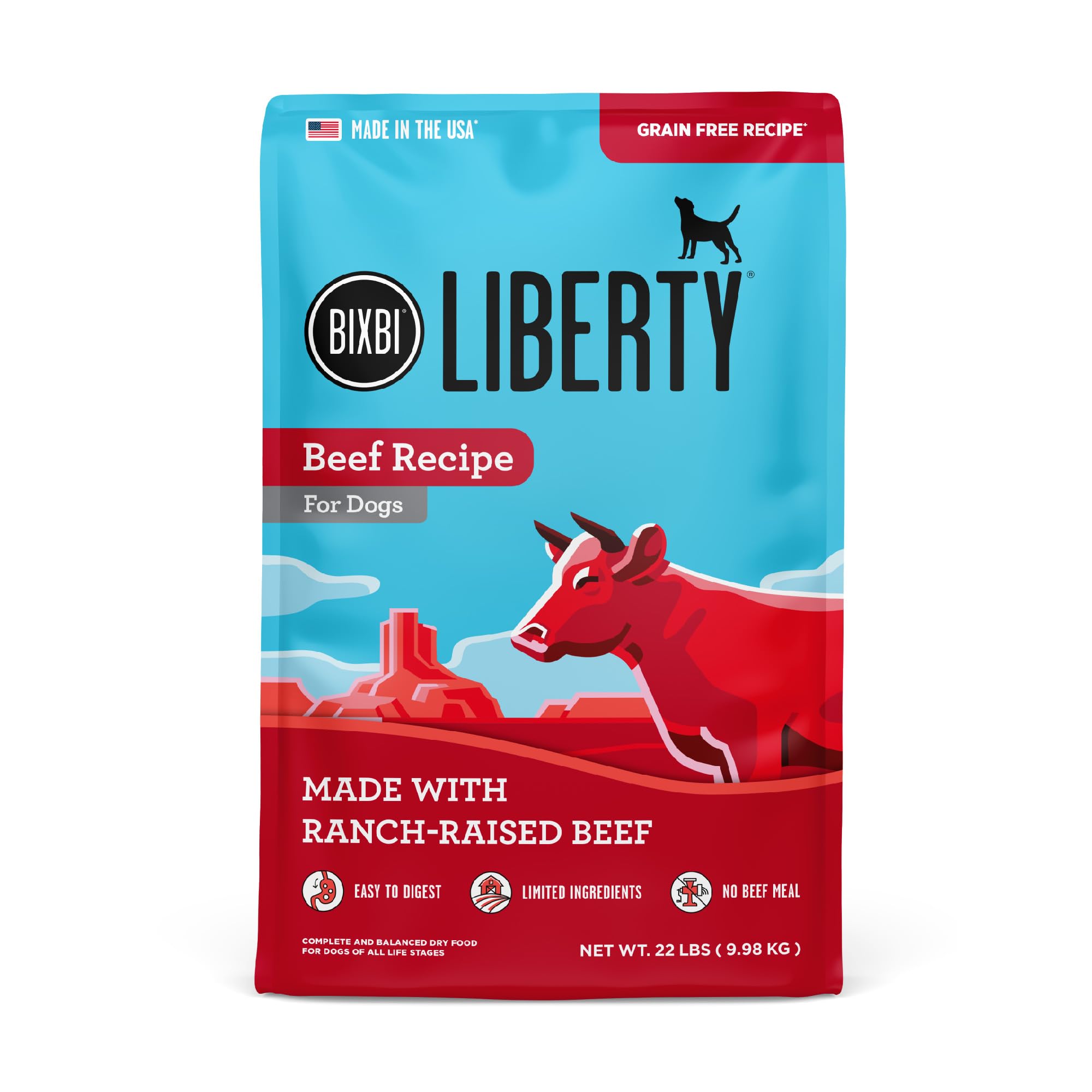 BIXBI Liberty: boeuf frais comme ingrédient principal pour une digestibilité et protéines complètes.