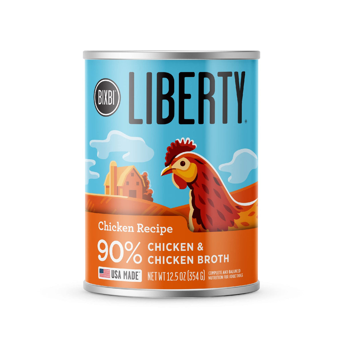 BIXBI Liberty conserve poulet sans céréales, étiquette claire, repas pratique et nutrition simple pour chiens.