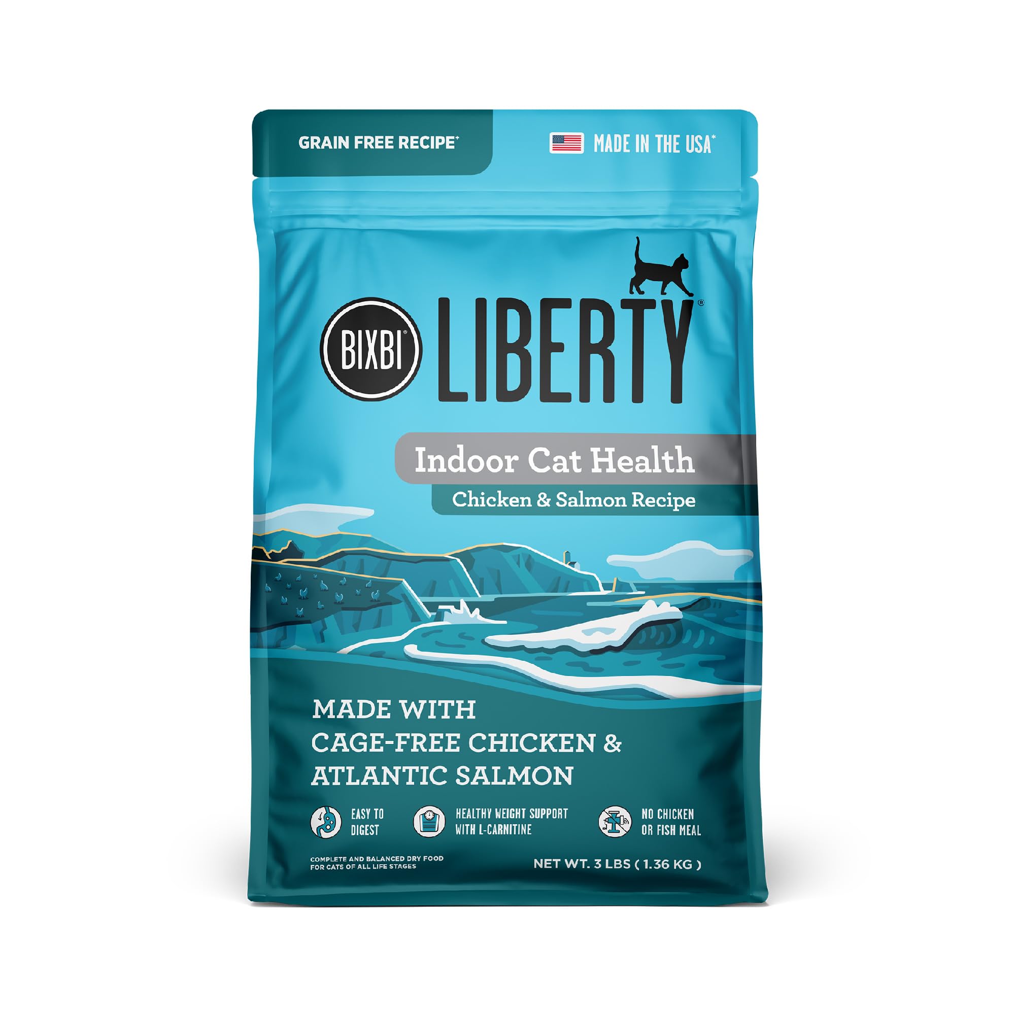 BIXBI Liberty sur emballage, chat intérieur, poulet et saumon, repas simple