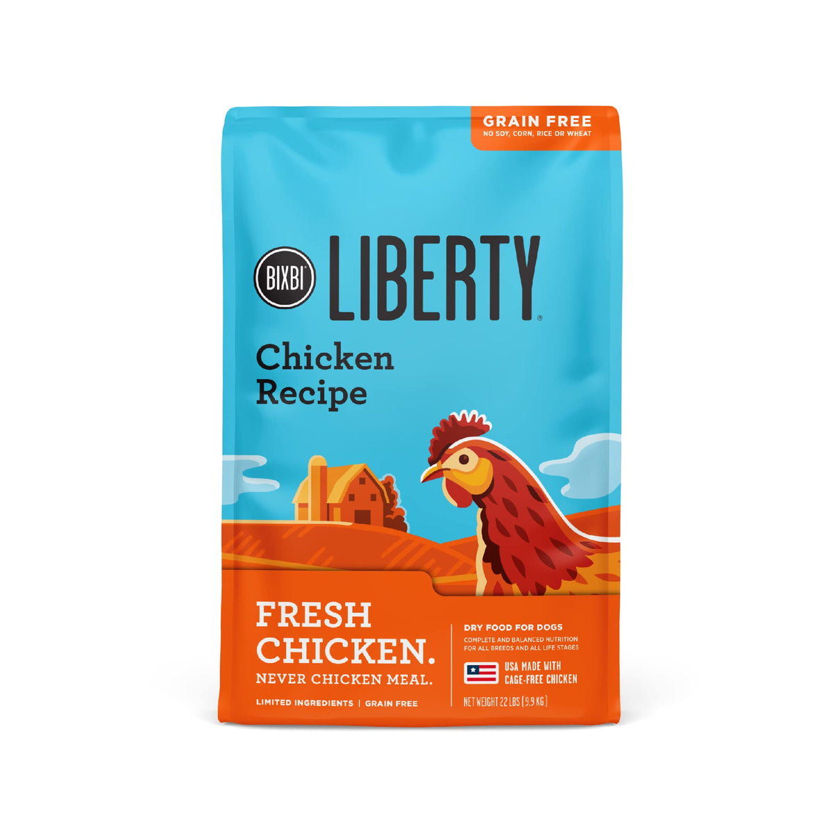 BIXBI Liberty sans céréales au poulet – emballage, présentation claire des ingrédients.