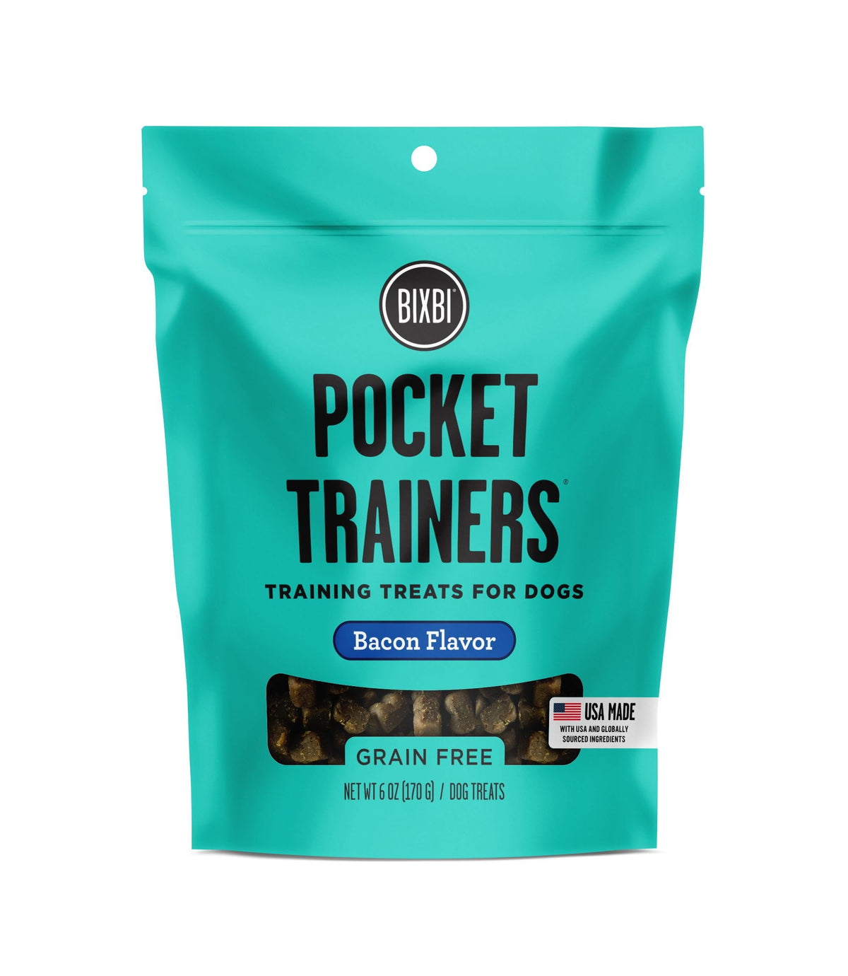 Friandise BIXBI Pocket Trainers bacon, légère et sans céréales, idéale pour l'entraînement.
