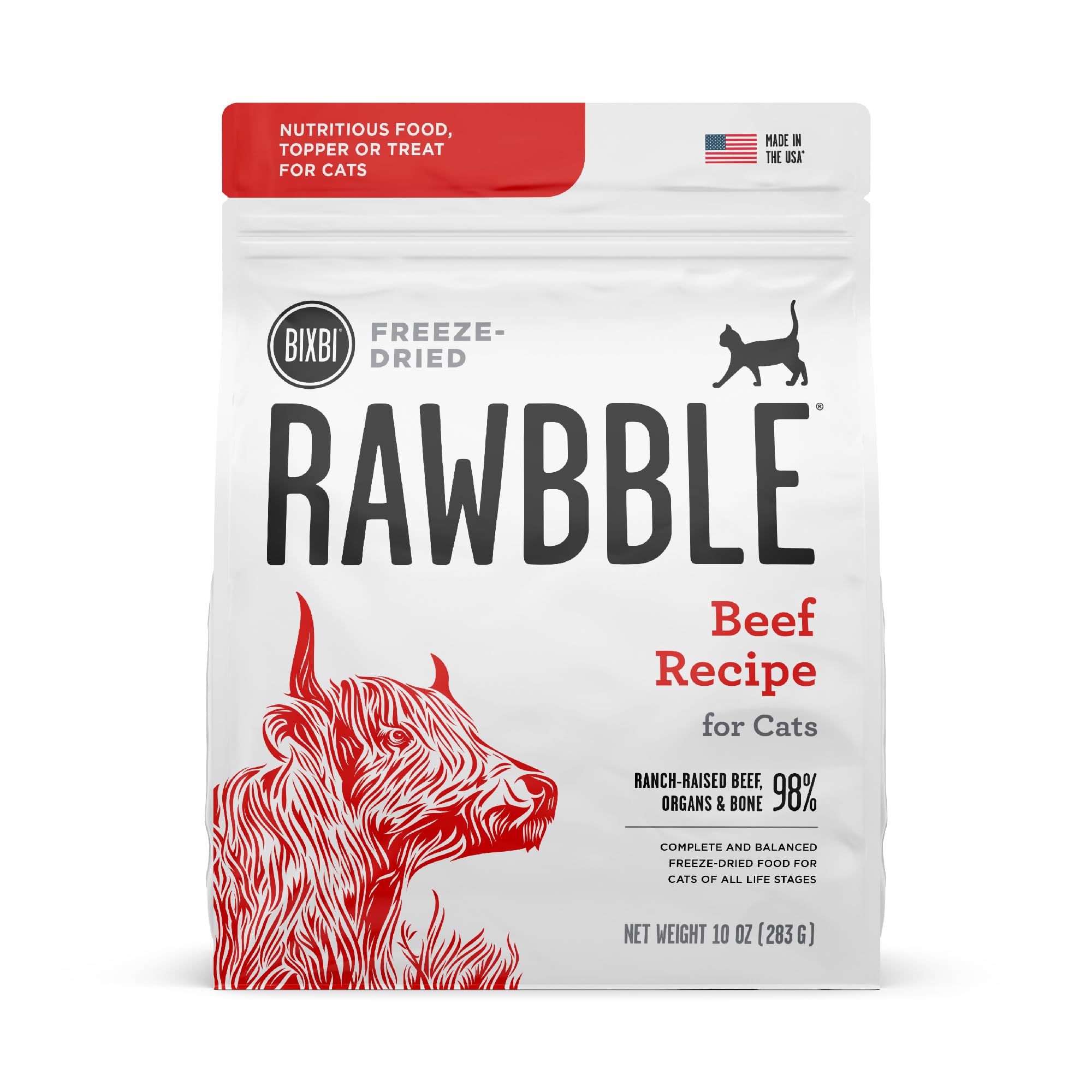 BIXBI RAWBBLE emballage et bouchées lyophilisées au boeuf pour chat, protéine élevée.