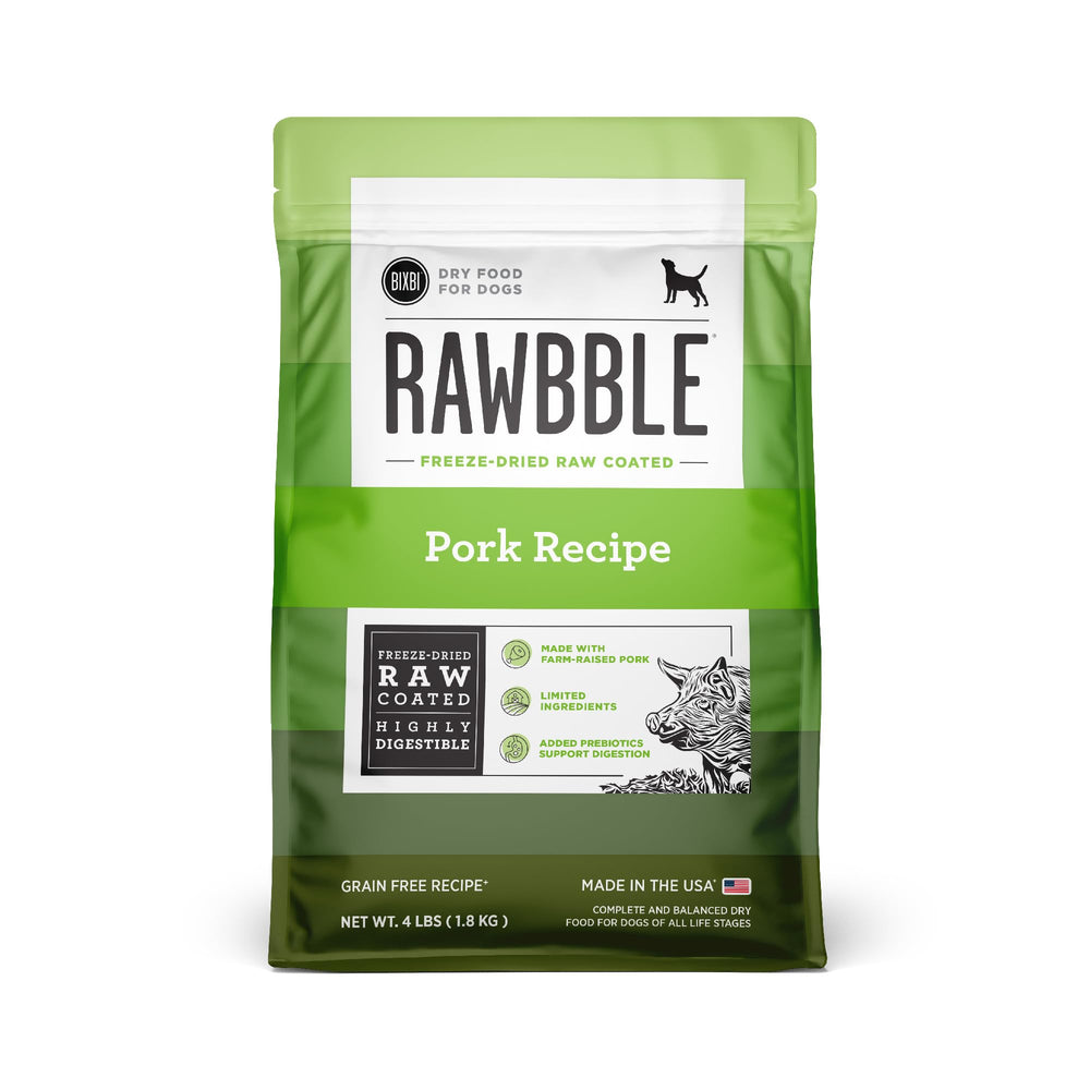 BIXBI Rawbble enrobage cru porc lyophilisé, riche en protéines digestibles.