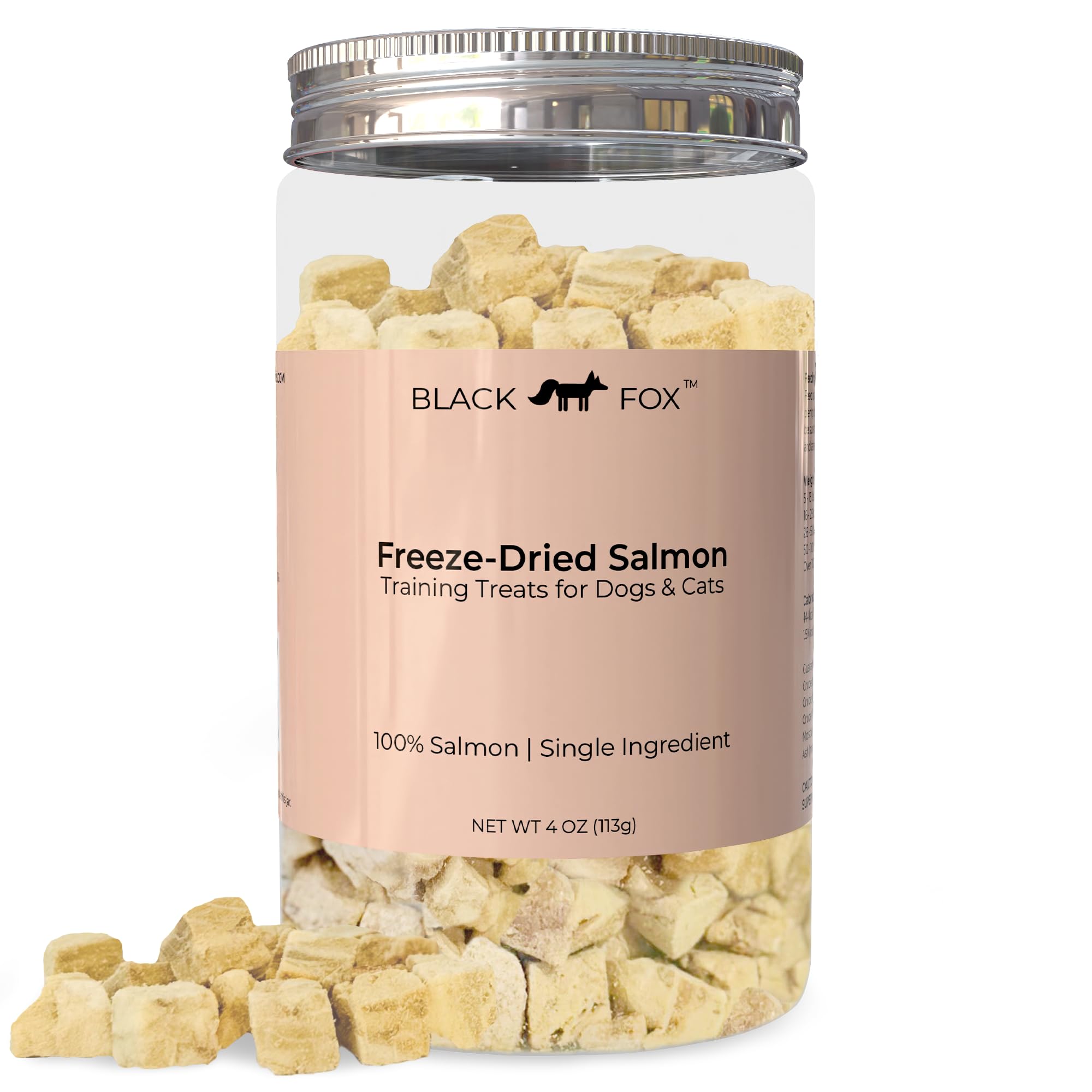Friandises BLACK FOX au saumon lyophilisé, cubes d'entraînement faciles à doser pour chiens et chats.