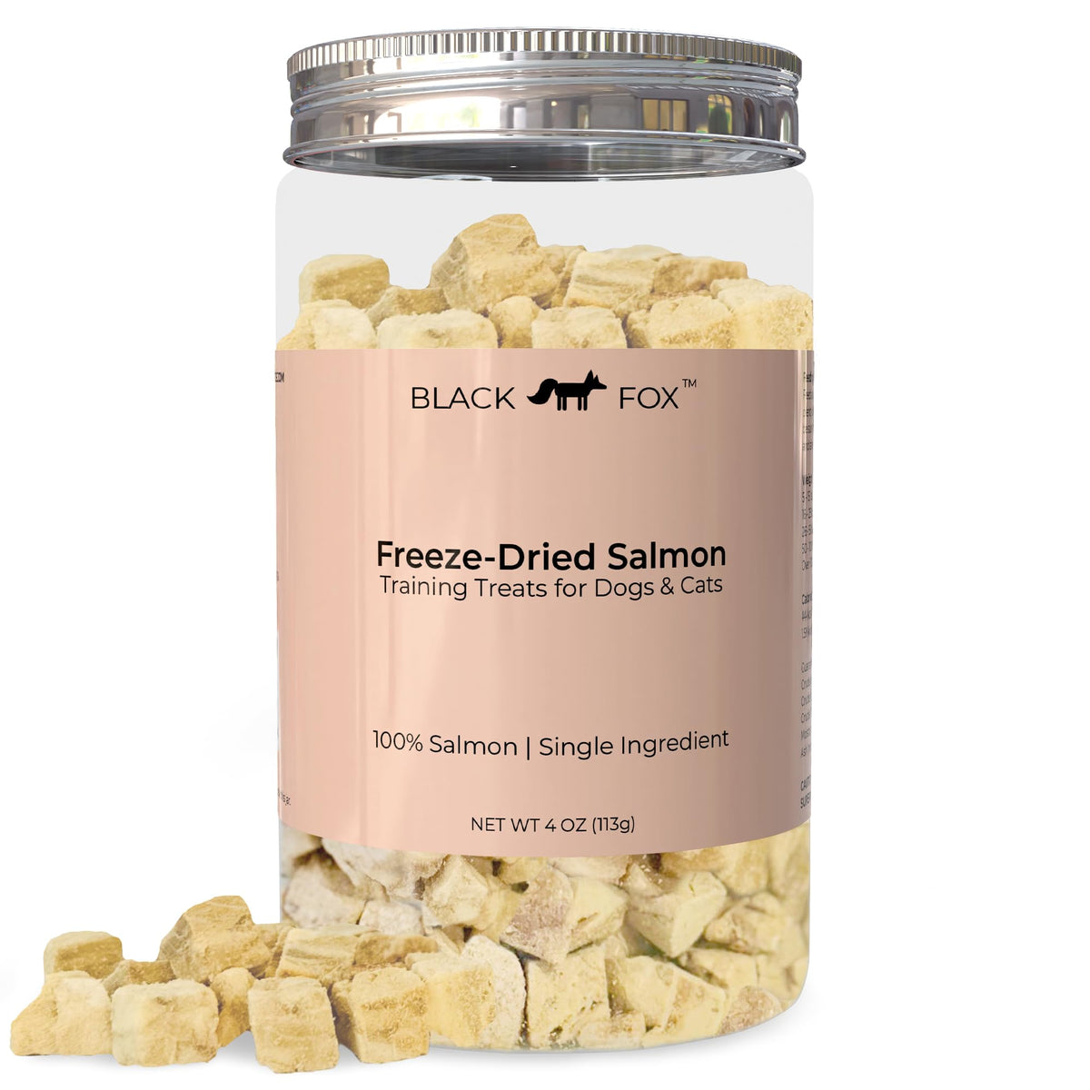 Friandises BLACK FOX au saumon lyophilisé, cubes d'entraînement faciles à doser pour chiens et chats.