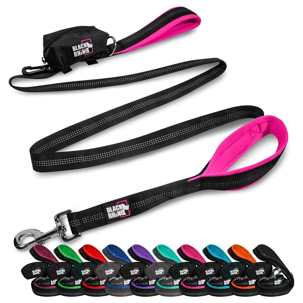 Laisse Black Rhino de 6 pieds avec double poignée rose pour un contrôle renforcé lors des promenades