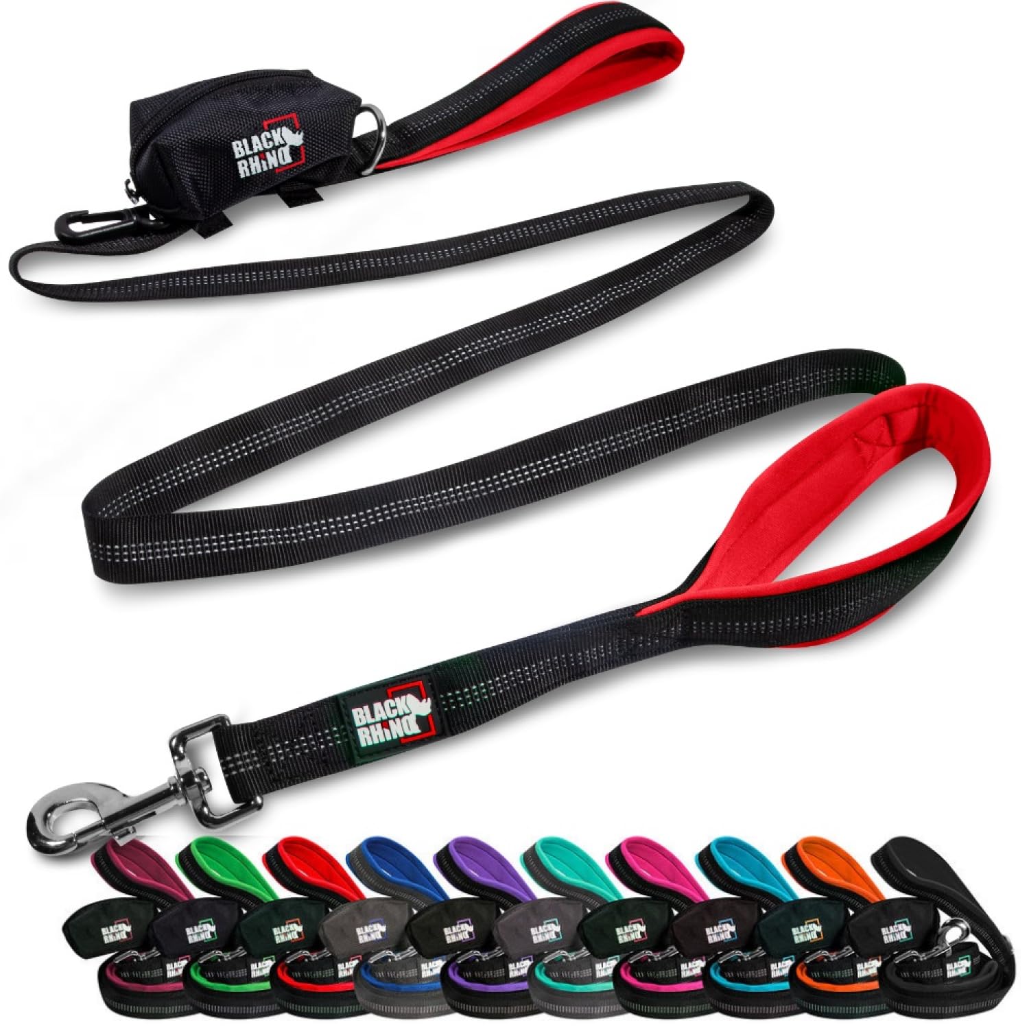 Laisse Black Rhino 6ft avec poignee trafic et neoprene pour une prise confortable lors des promenades nocturnes.