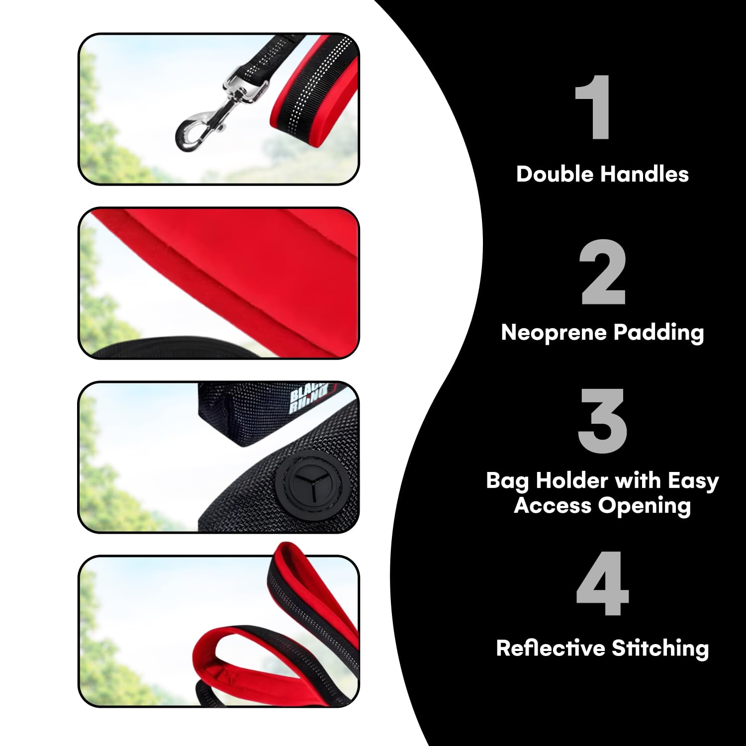 Laisse Black Rhino 6ft avec sac et attache intégrés pour rangement pratique.