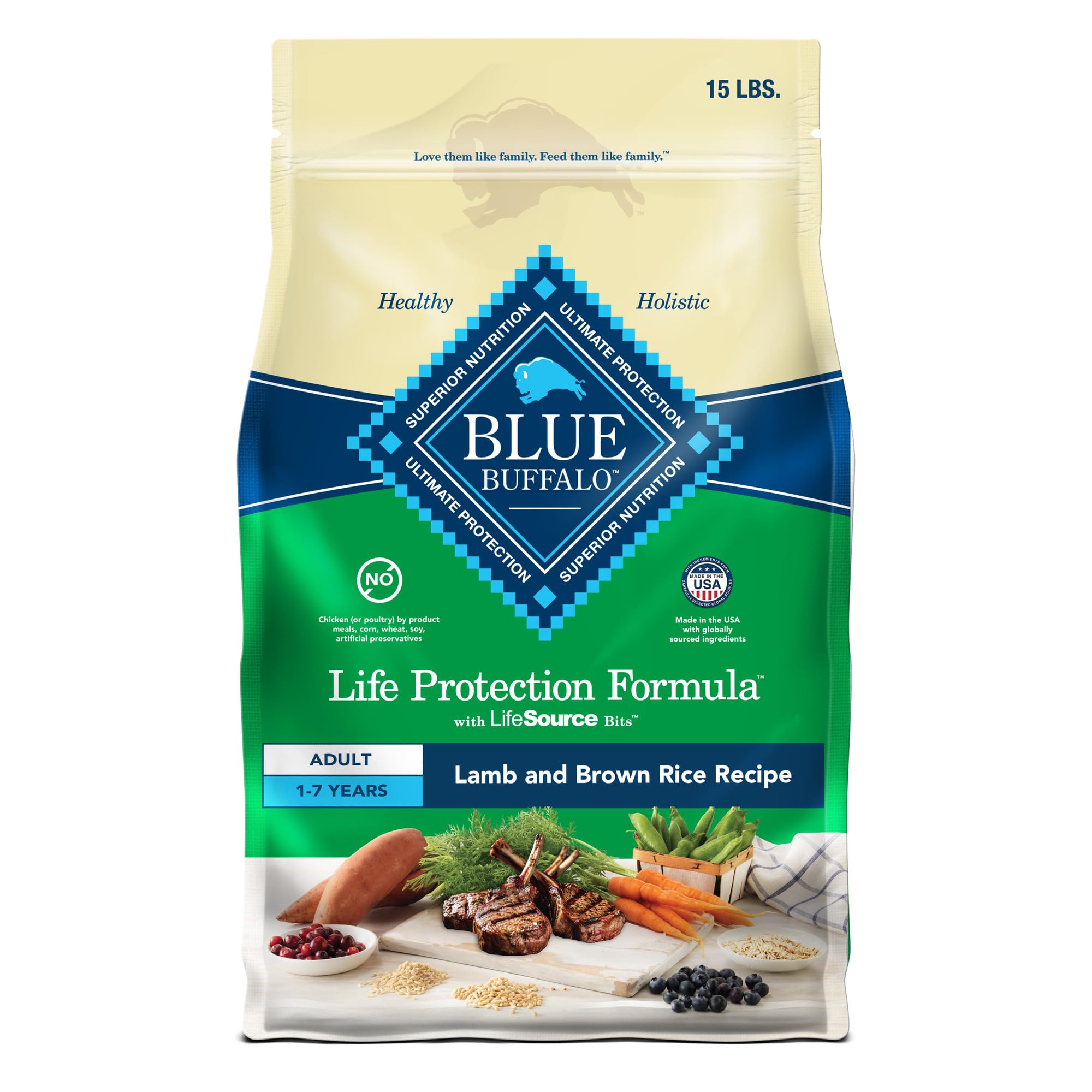 Croquettes Blue Buffalo agneau et riz brun pour chien adulte, alimentation équilibrée.