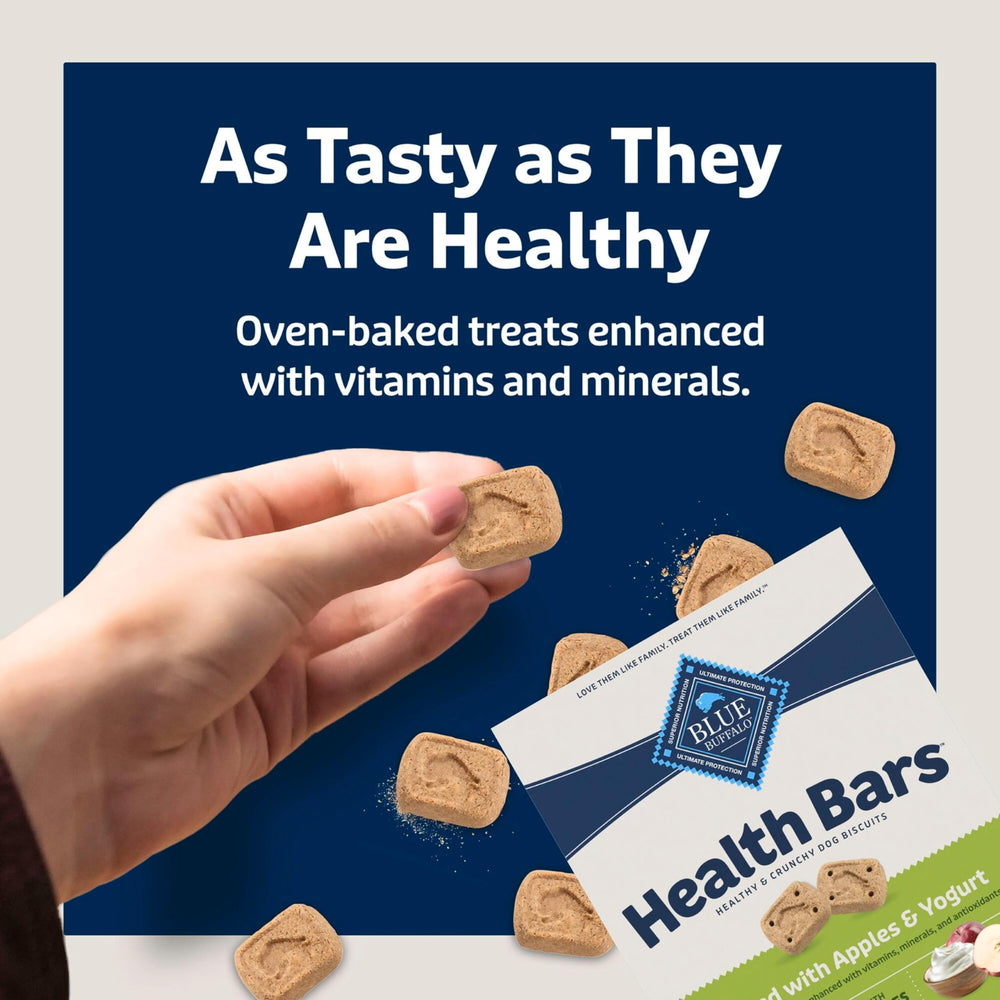 Emballage mis en valeur: ingrédients et bienfaits visibles sur Blue Buffalo Health Bars.