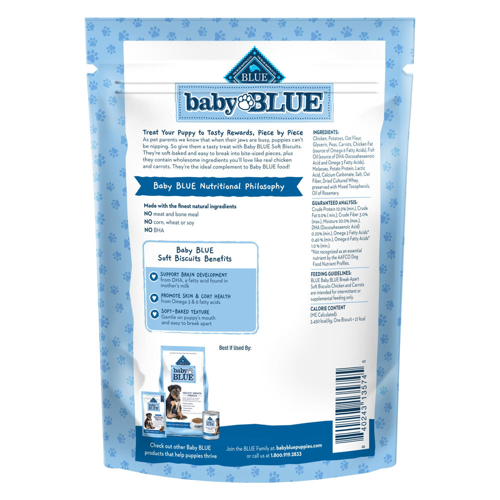 Blue Buffalo Baby BLUE biscuits mous, texture tendre idéale pour diviser les portions d'entraînement.