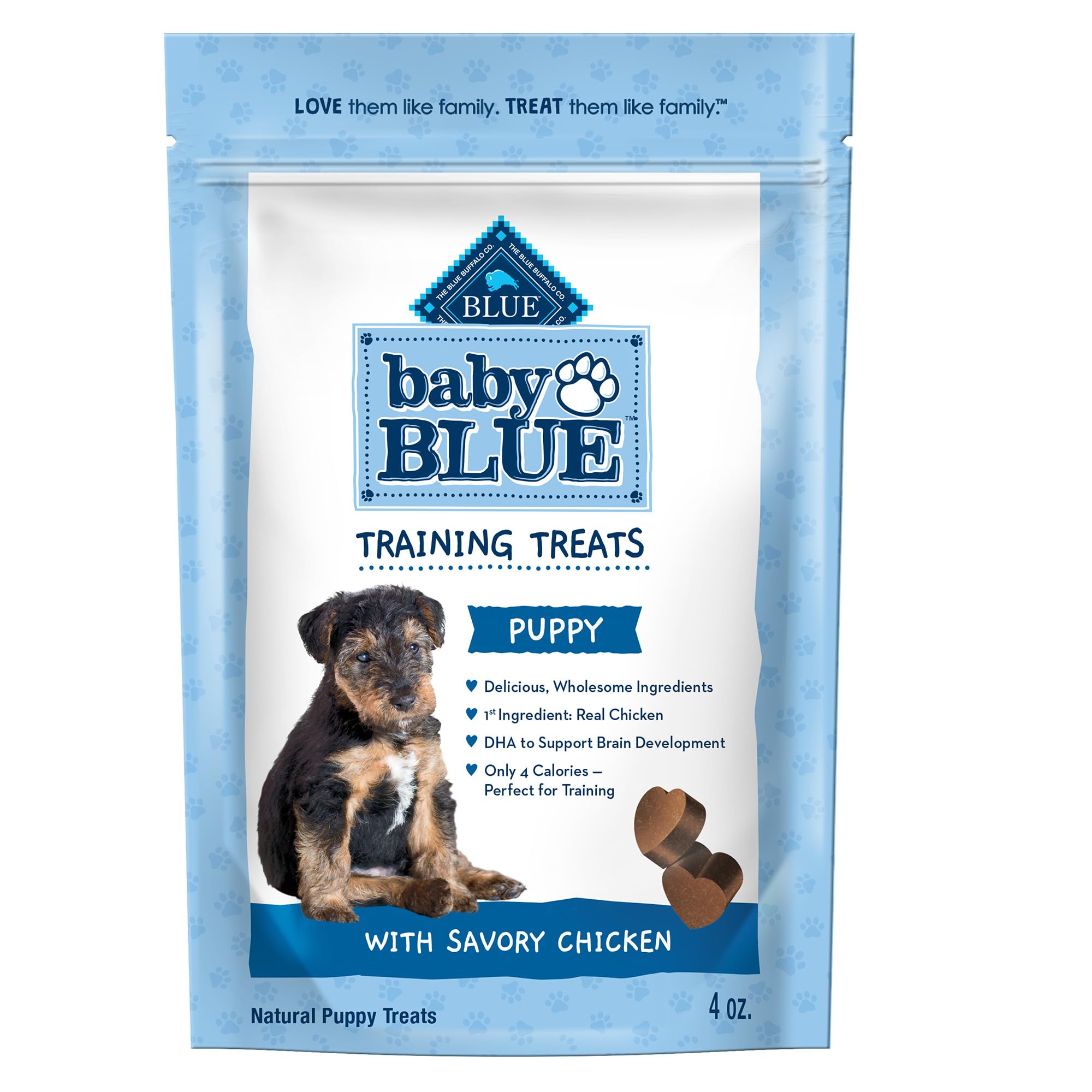 Friandises Baby BLUE avec poulet comme premier ingrédient pour récompenser le bon comportement.