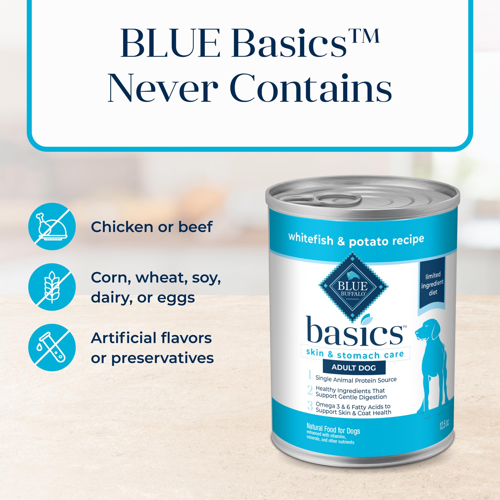 Boîte pratique Blue Buffalo Basics pour un repas quotidien régulier.