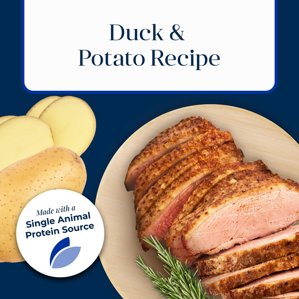 Gros plan sur croquettes Blue Buffalo Basics au canard.