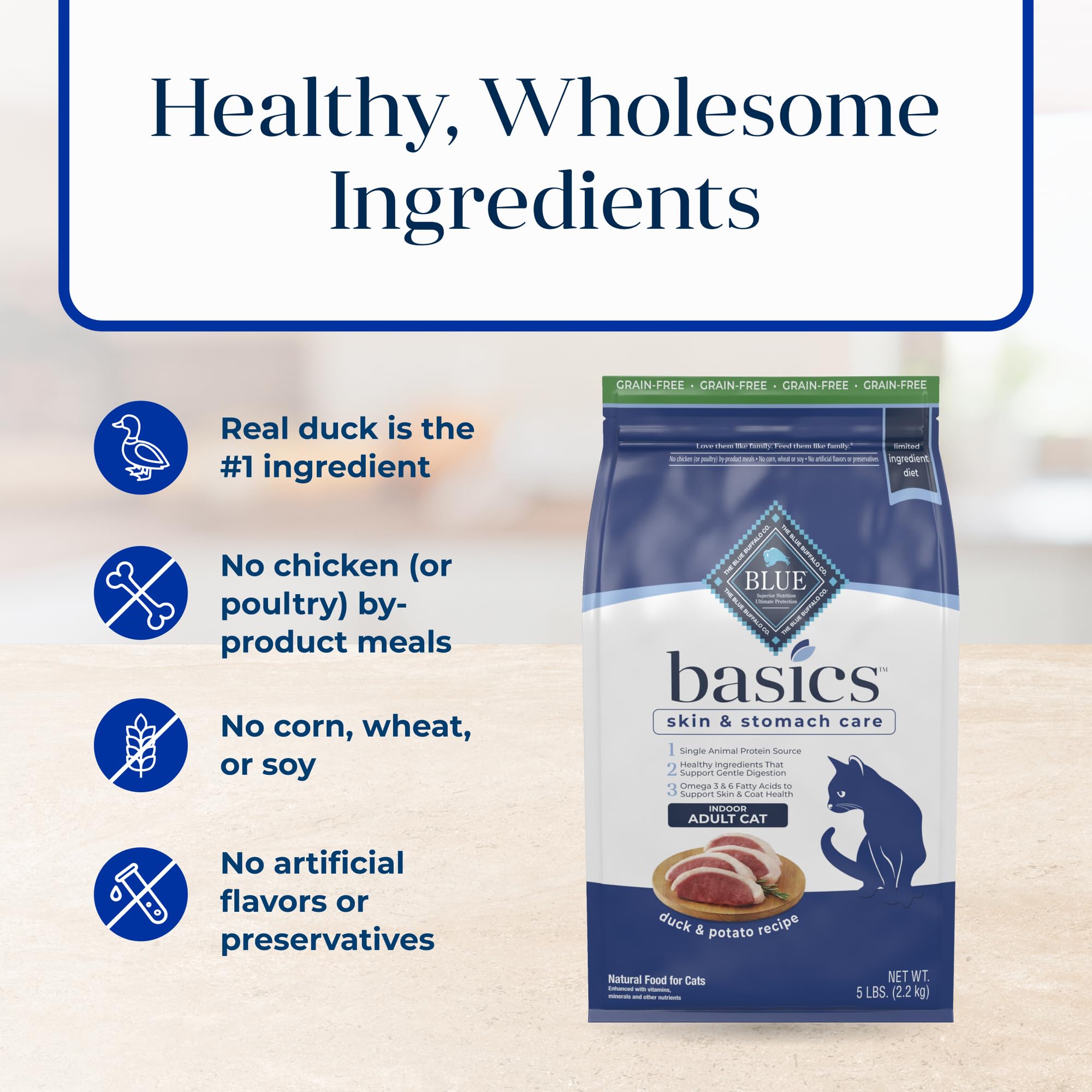 Suggestion de portion avec croquettes Blue Buffalo Basics pour chat.