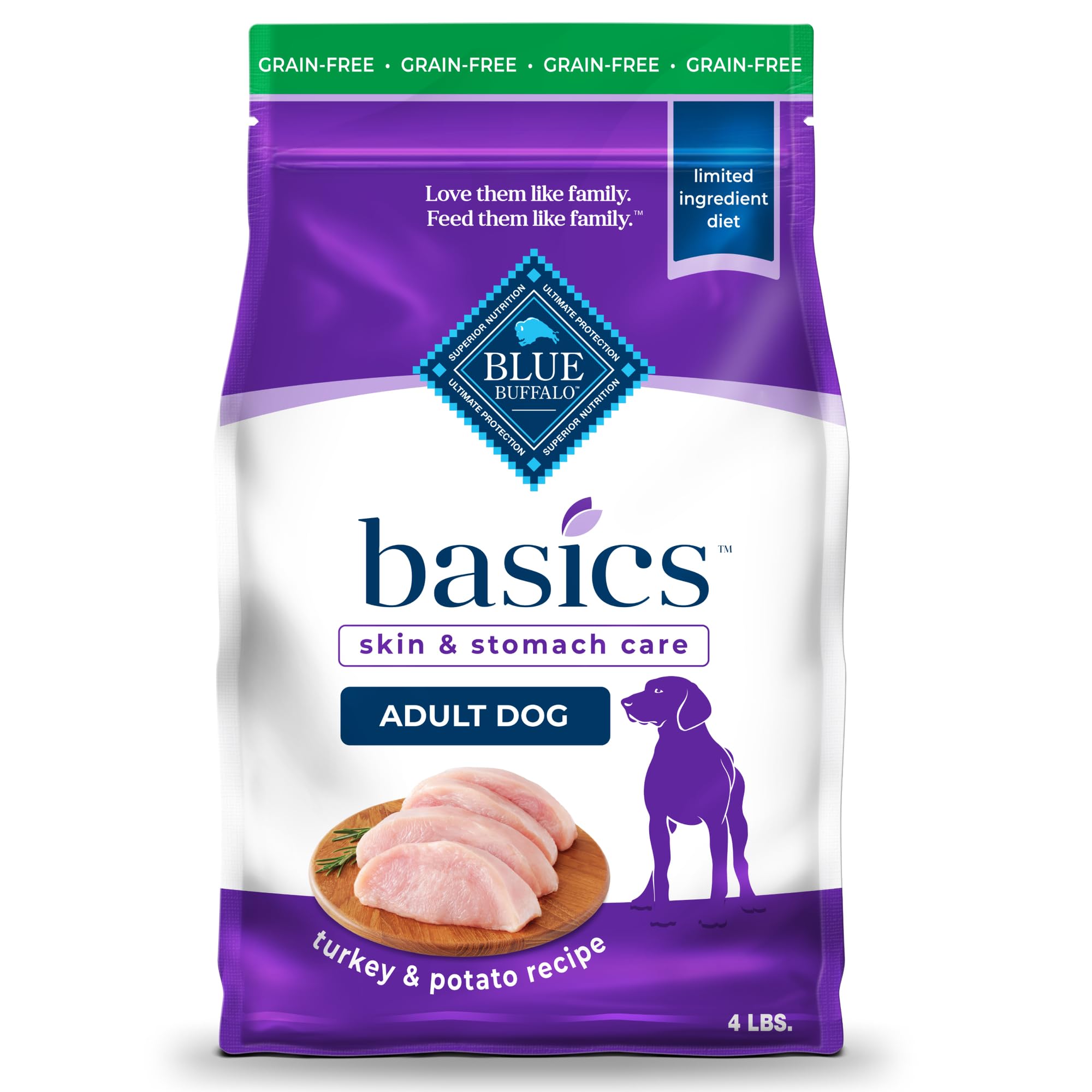 Blue Buffalo Basics premier ingre9dient dinde, proteine cle9e pour chiens adultes.