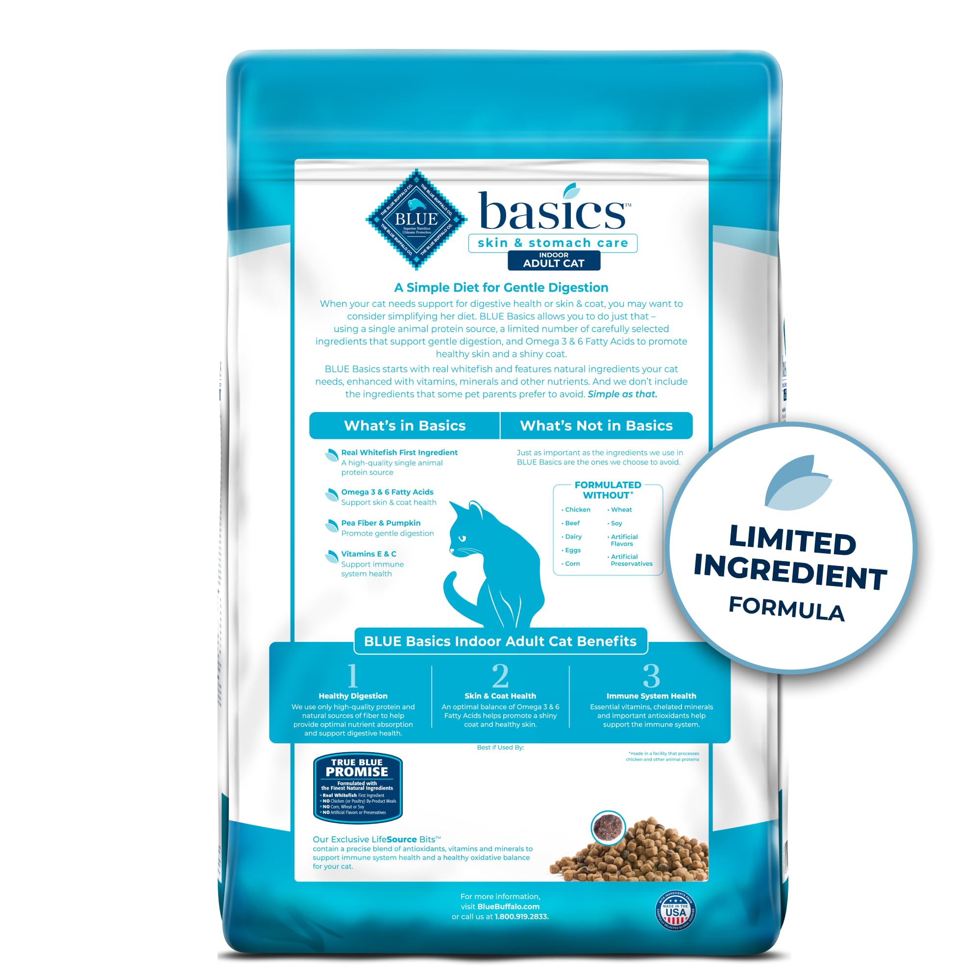 Blue Buffalo Basics: premier ingrédient poisson, promesse de protéine de qualité.