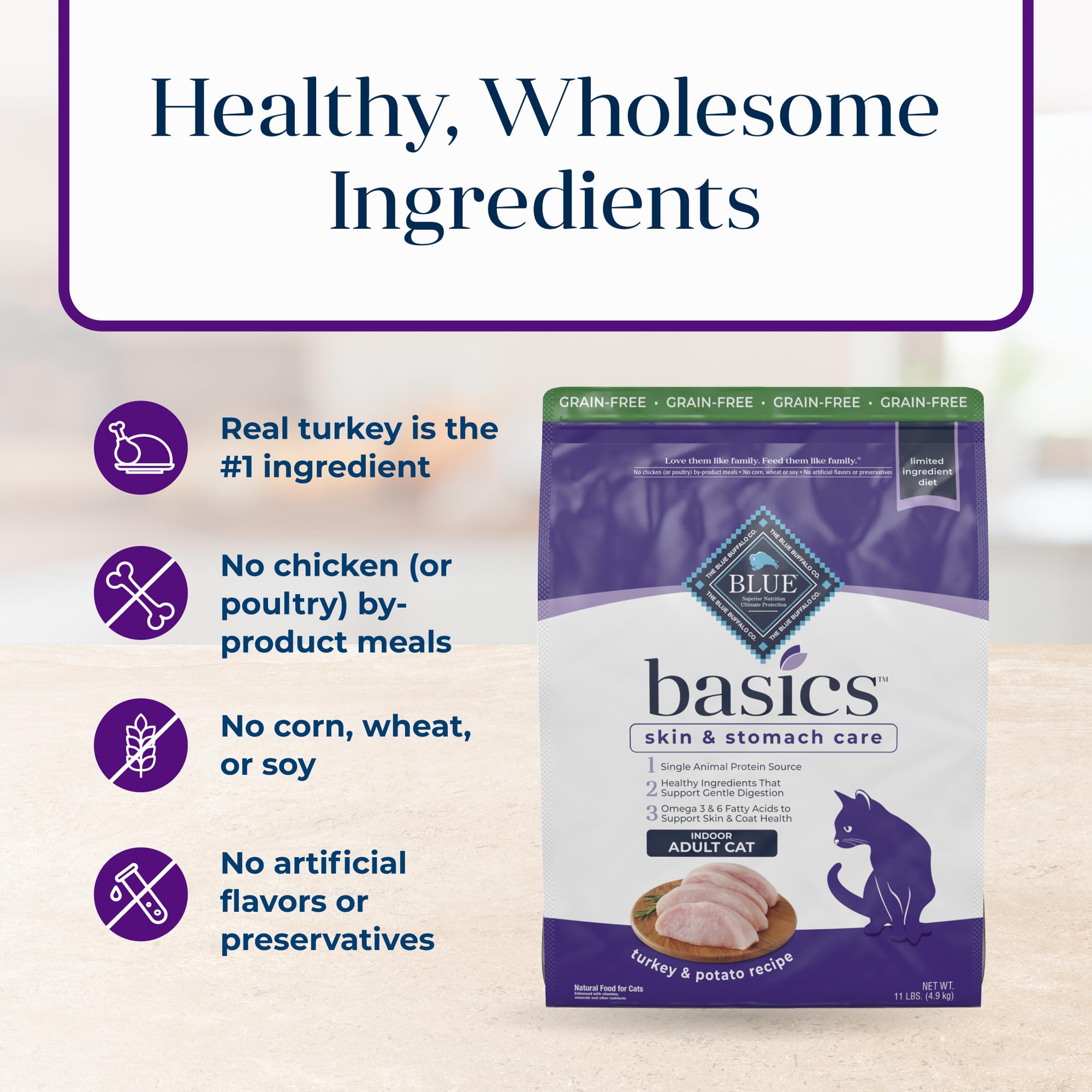 Blue Buffalo Basics sans céréales avec fibres pour digestion douce.