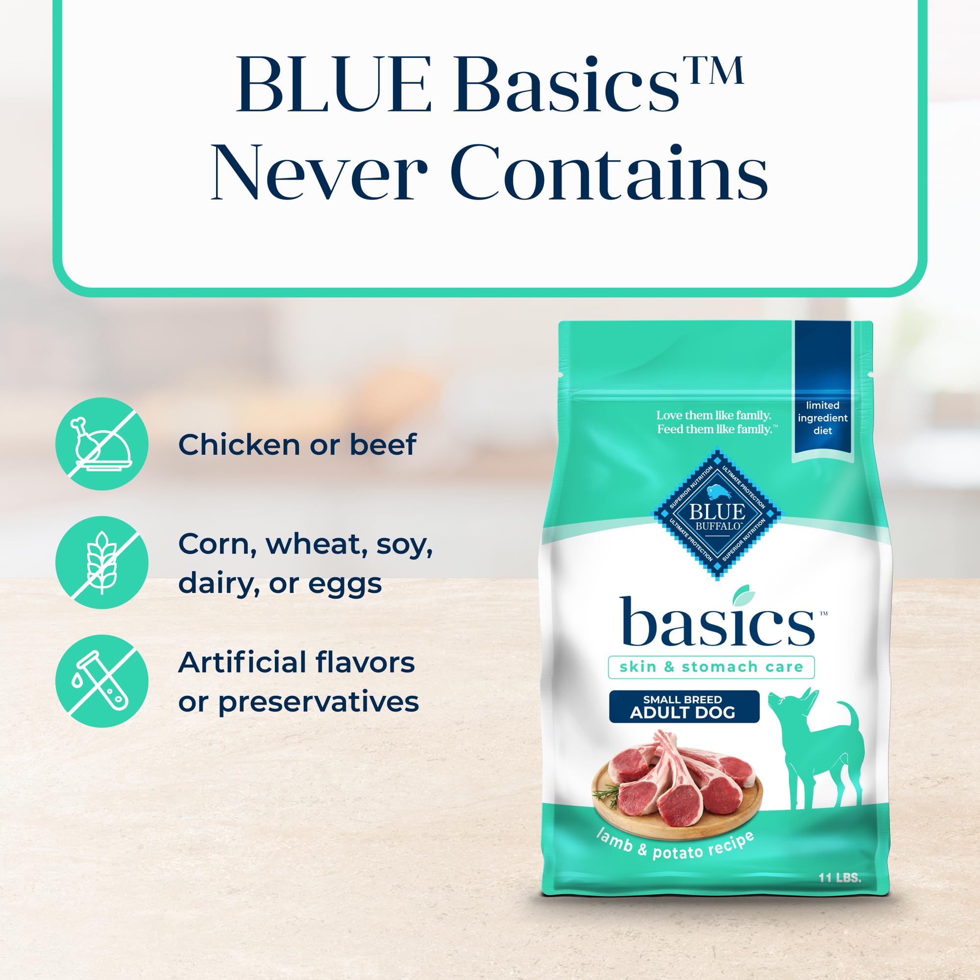Blue Buffalo Basics sans maïs, blé ou soja, choix naturel et simple.