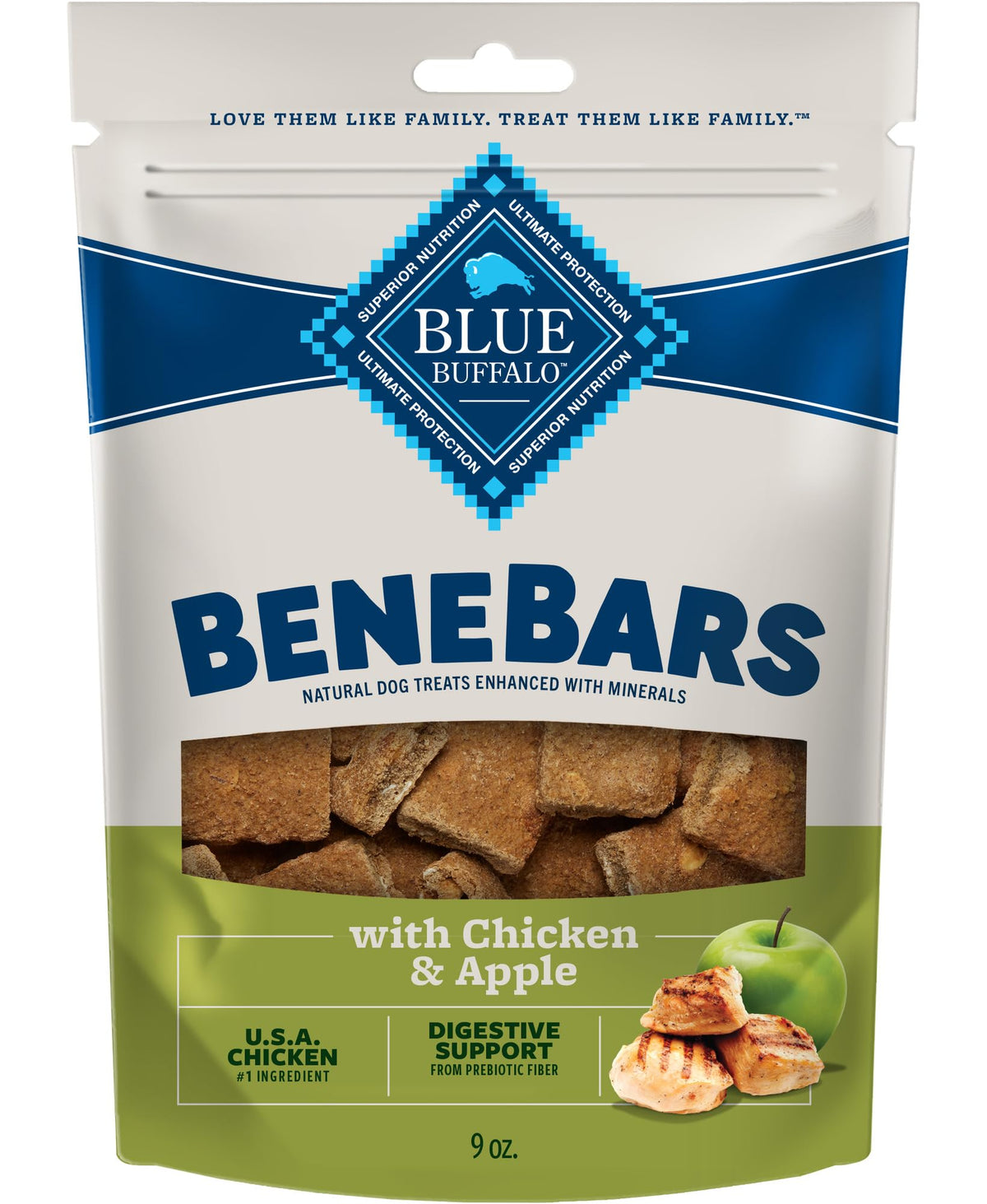 Blue Buffalo BeneBars emballage et ingrédients américains, démontrant l'origine naturelle.