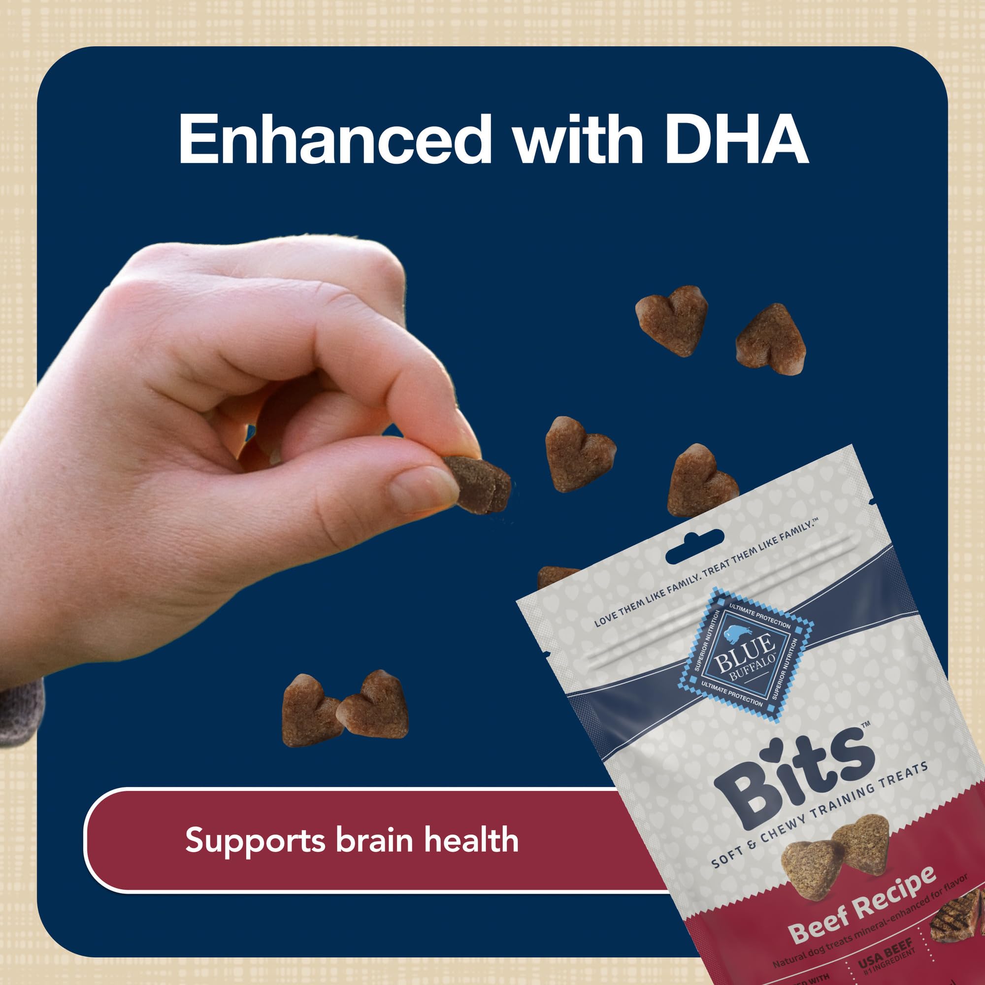 Blue Buffalo Bits DHA pour cognition, aide potentielle lors des sessions.