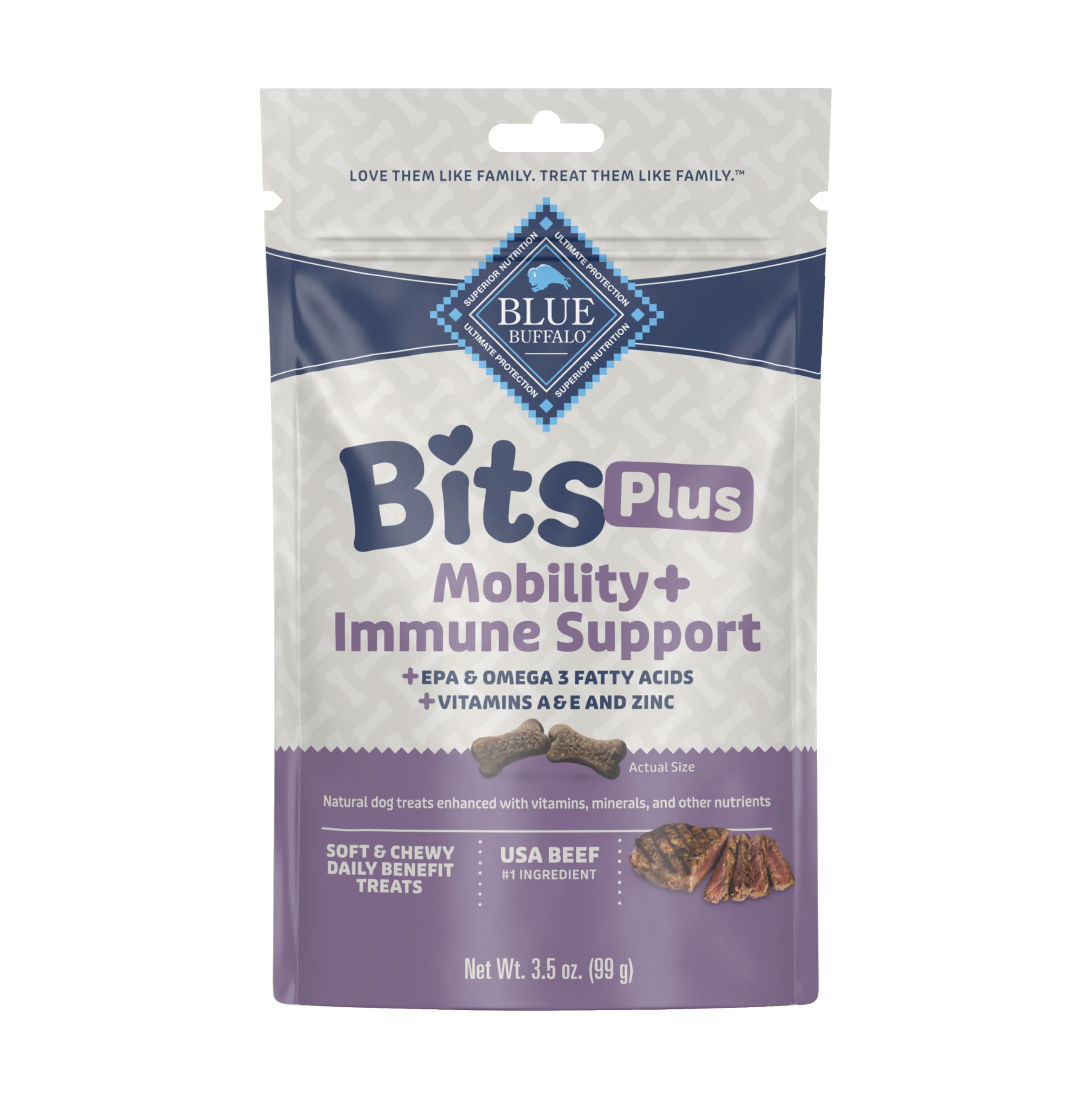 Blue Buffalo Bits Plus emballage montrant mobilité et immunité.