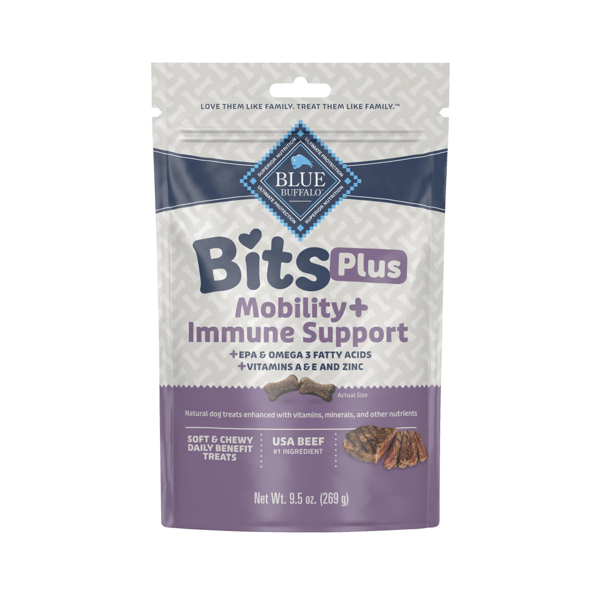 Blue Buffalo Bits Plus sac ouvert montrant des bouchées moelleuses, idéale pour récompense quotidienne.
