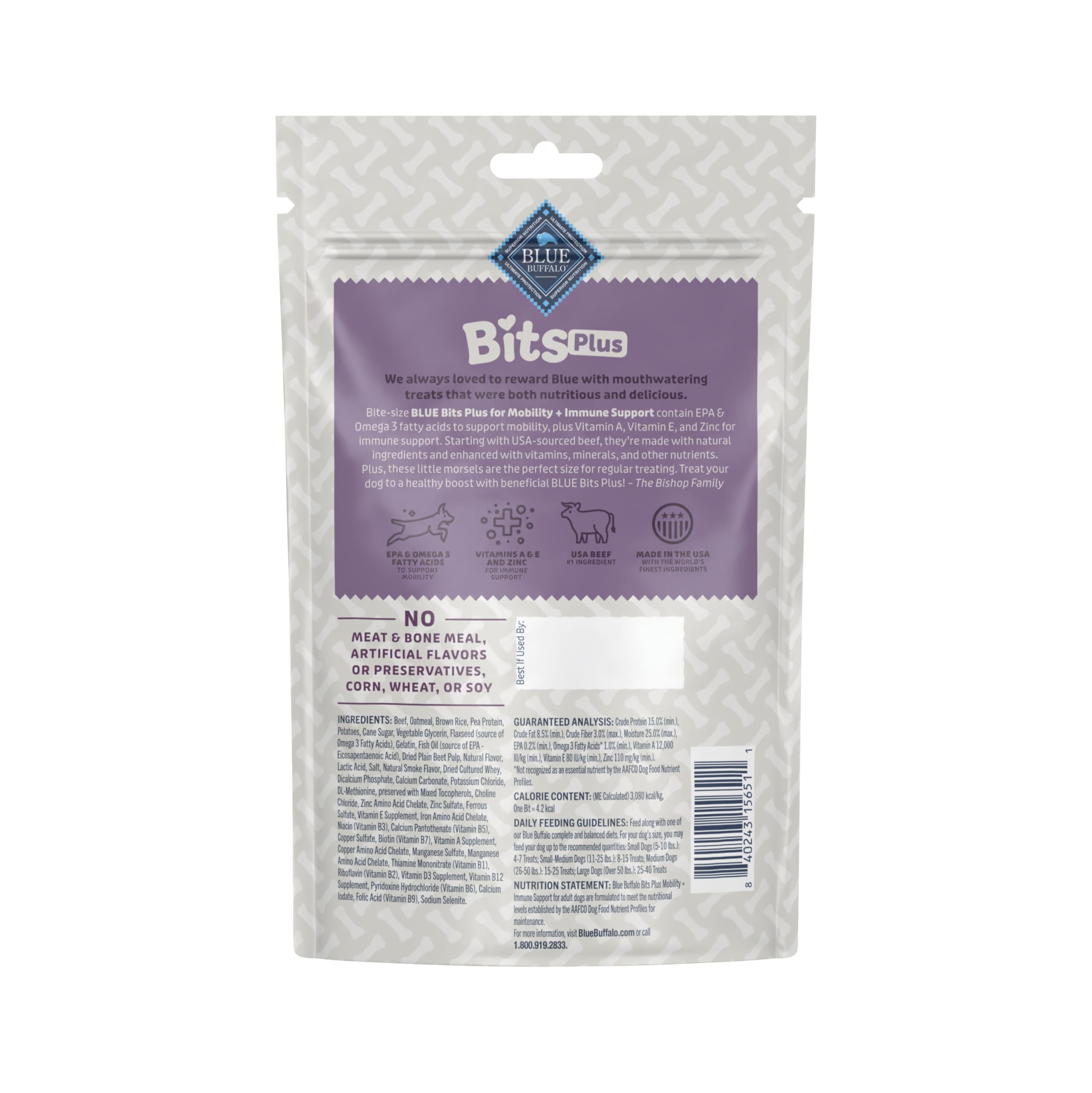 Blue Buffalo Bits Plus morceaux de boeuf doux, texture attrayante pour l'attention et le jeu.