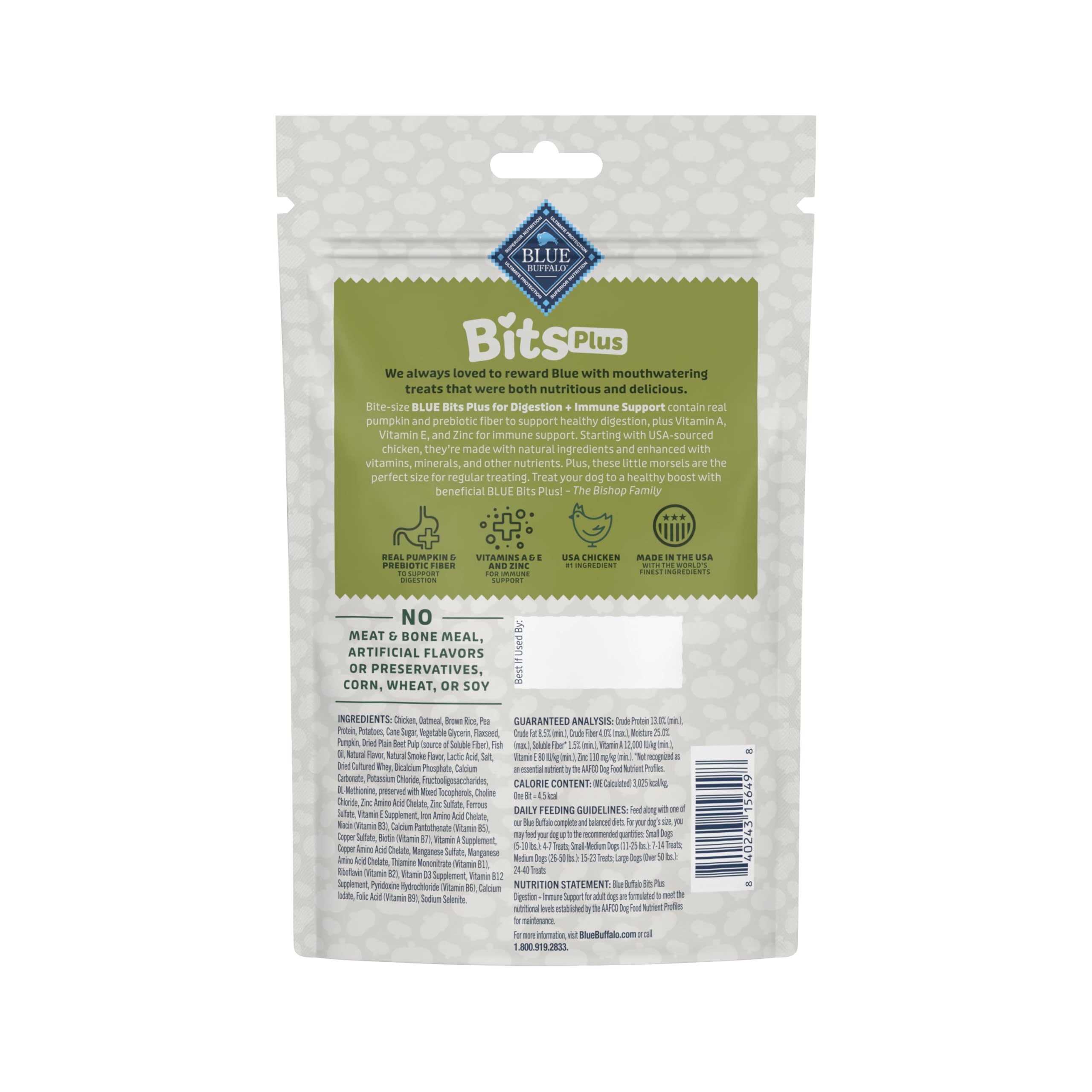 Blue Buffalo Bits Plus: Morceaux poulet citrouille, texture tendre.