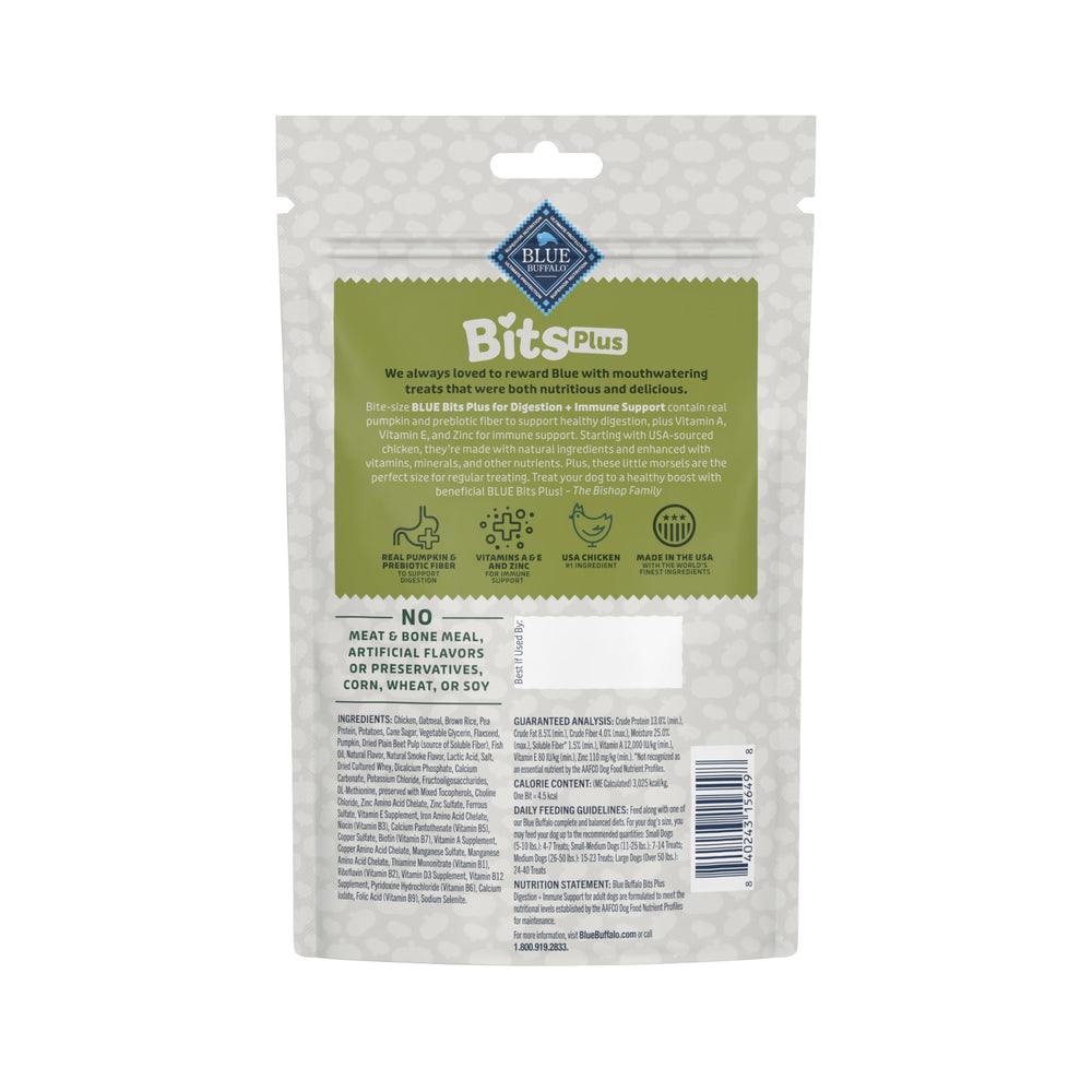 Blue Buffalo Bits Plus: Morceaux poulet citrouille, texture tendre.